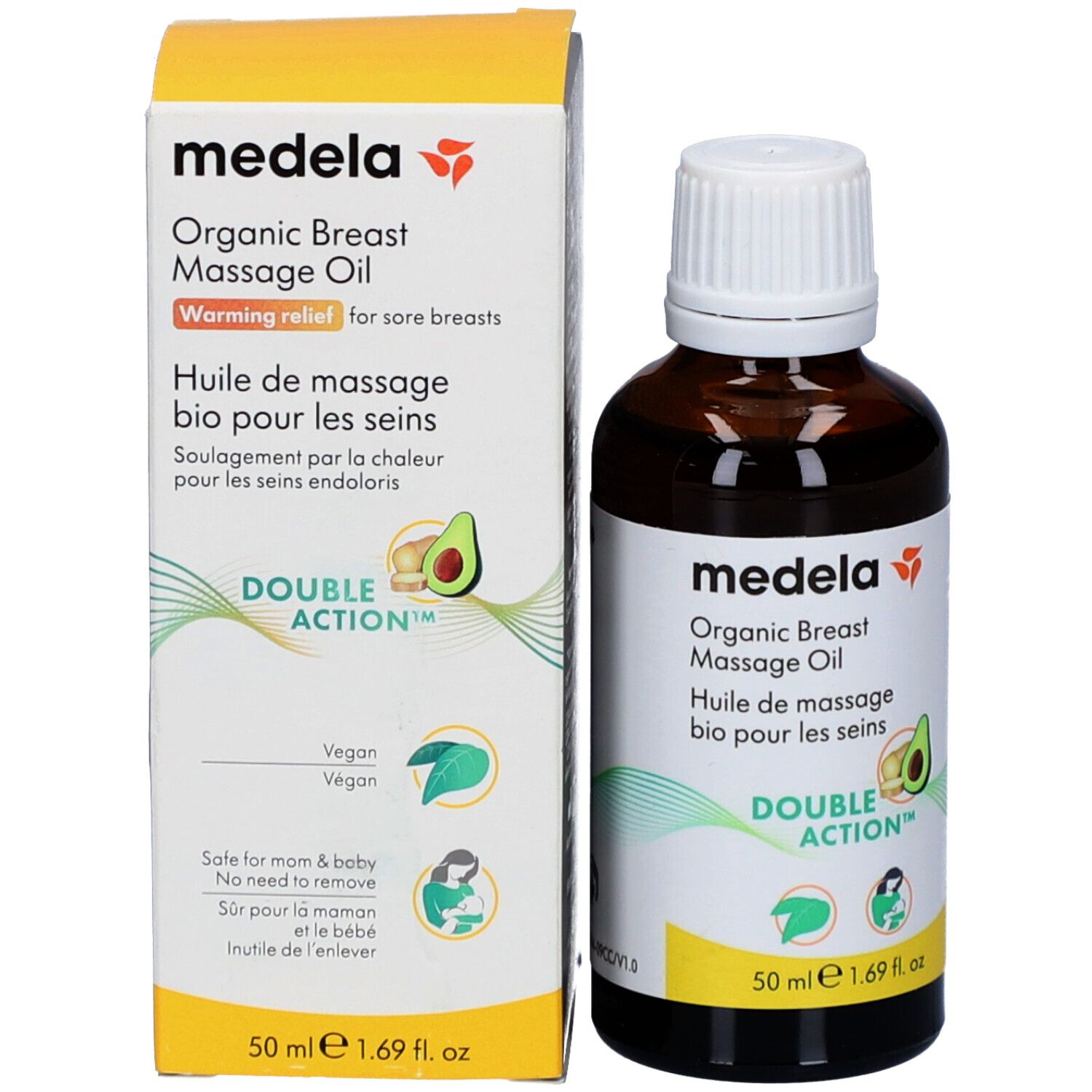 Produktflasche und Verpackung. Aufschrift: Medela, Organic Breast Massage Oil, Huile de massage bio pour les seins. Mit Avocado-Symbol.