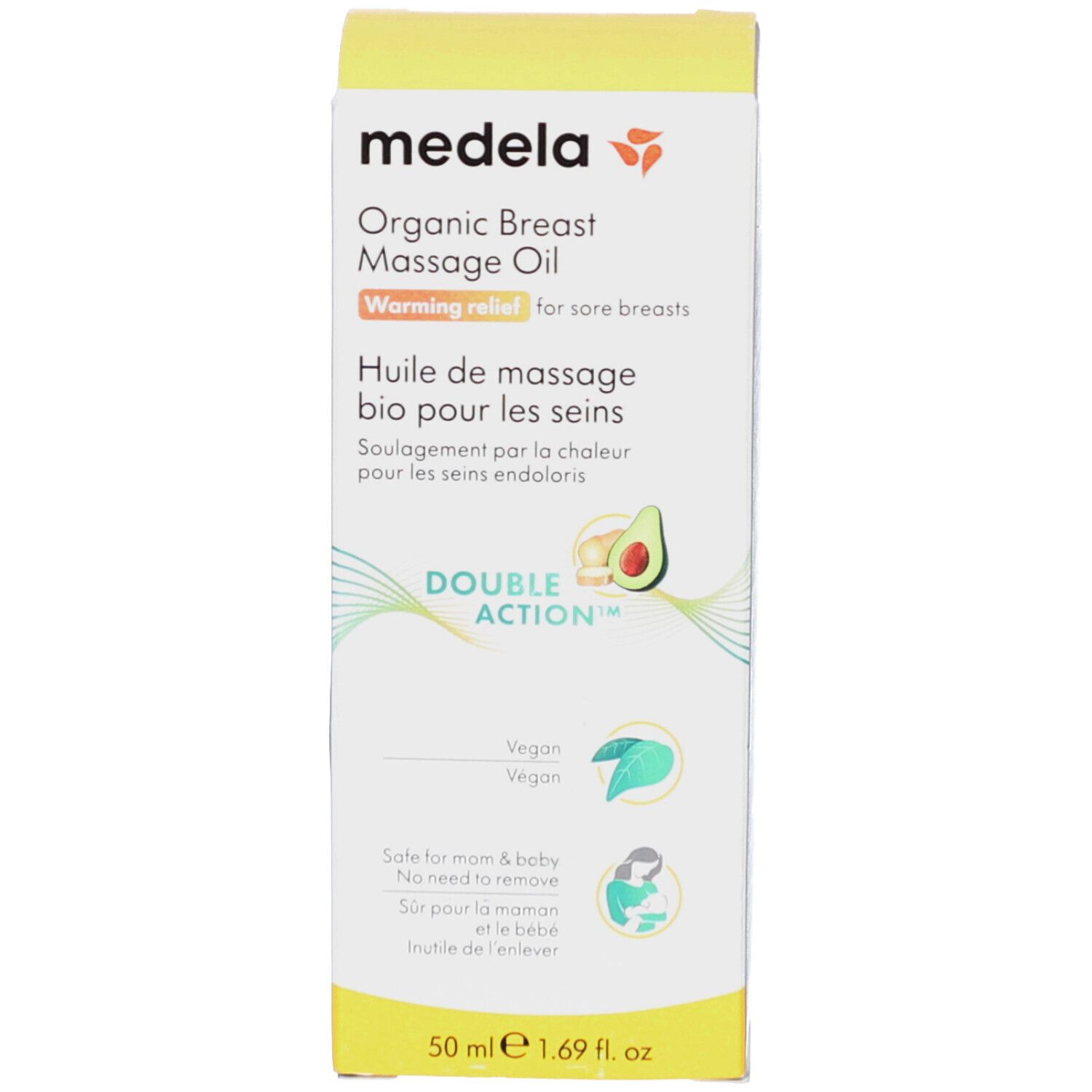 Gelbe Verpackung mit Produktinformationen. Aufschrift: Medela, Organic Breast Massage Oil, Huile de massage bio pour les seins.