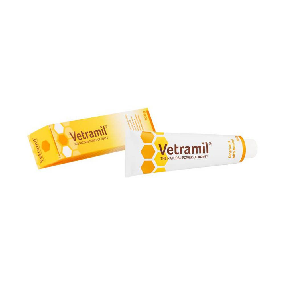 Tube et boîte. Tube et boîte avec motif en nid d'abeilles. Inscription : Vetramil, Ointment with honey.