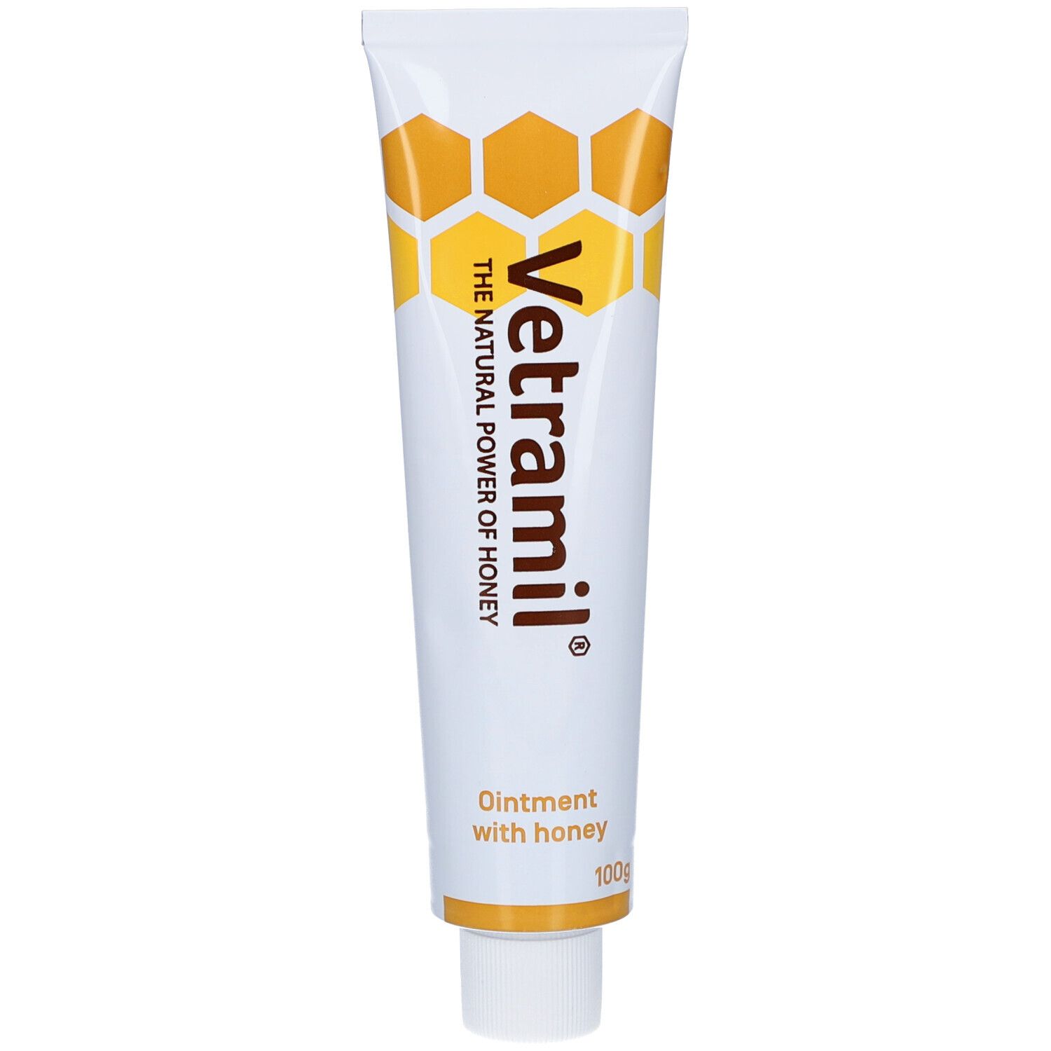 Weiße Tube mit gelbem Honigwaben-Design. Aufschrift: Vetramil, Ointment with honey. 100g.