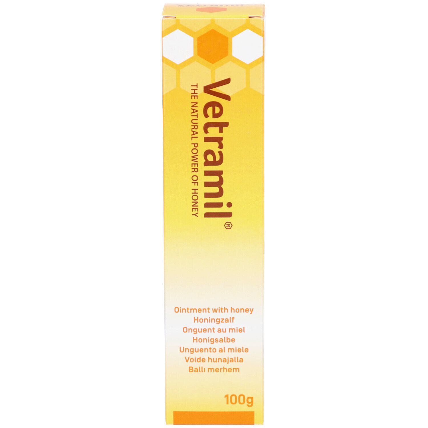 Gelbe Schachtel mit Honigwaben-Design. Aufschrift: Vetramil, Ointment with honey. 100g.