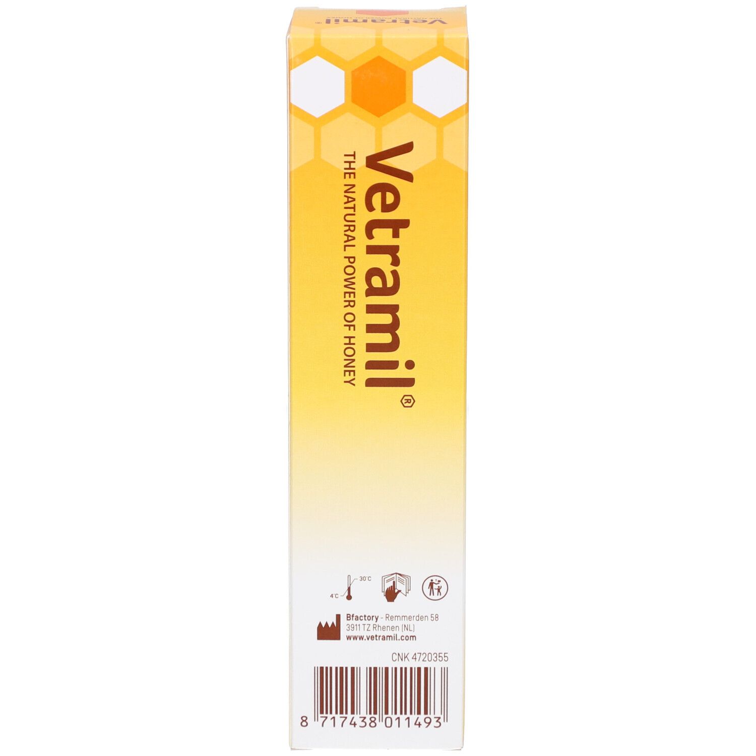 Rückseite der gelben Schachtel. Aufschrift: Vetramil. Barcode und Kontaktinformationen.