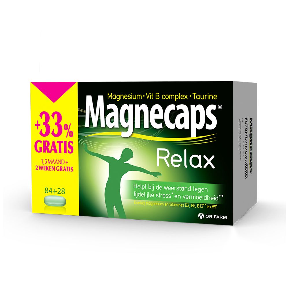 Schachtel Magnecaps Relax, mit +33% GRATIS. Enthält 84+28 Tabletten. Grün, weiß, schwarz und gelb.