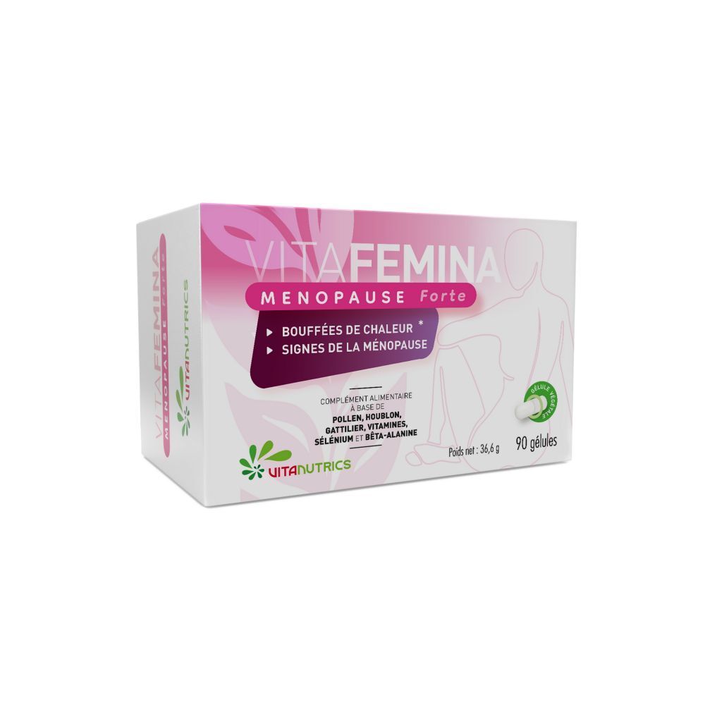 Vitanutrics Vitafemina Menopause Forte. Karton mit 90 Kapseln. Rosa und weißes Design mit Produktnamen und Inhaltsstoffen.