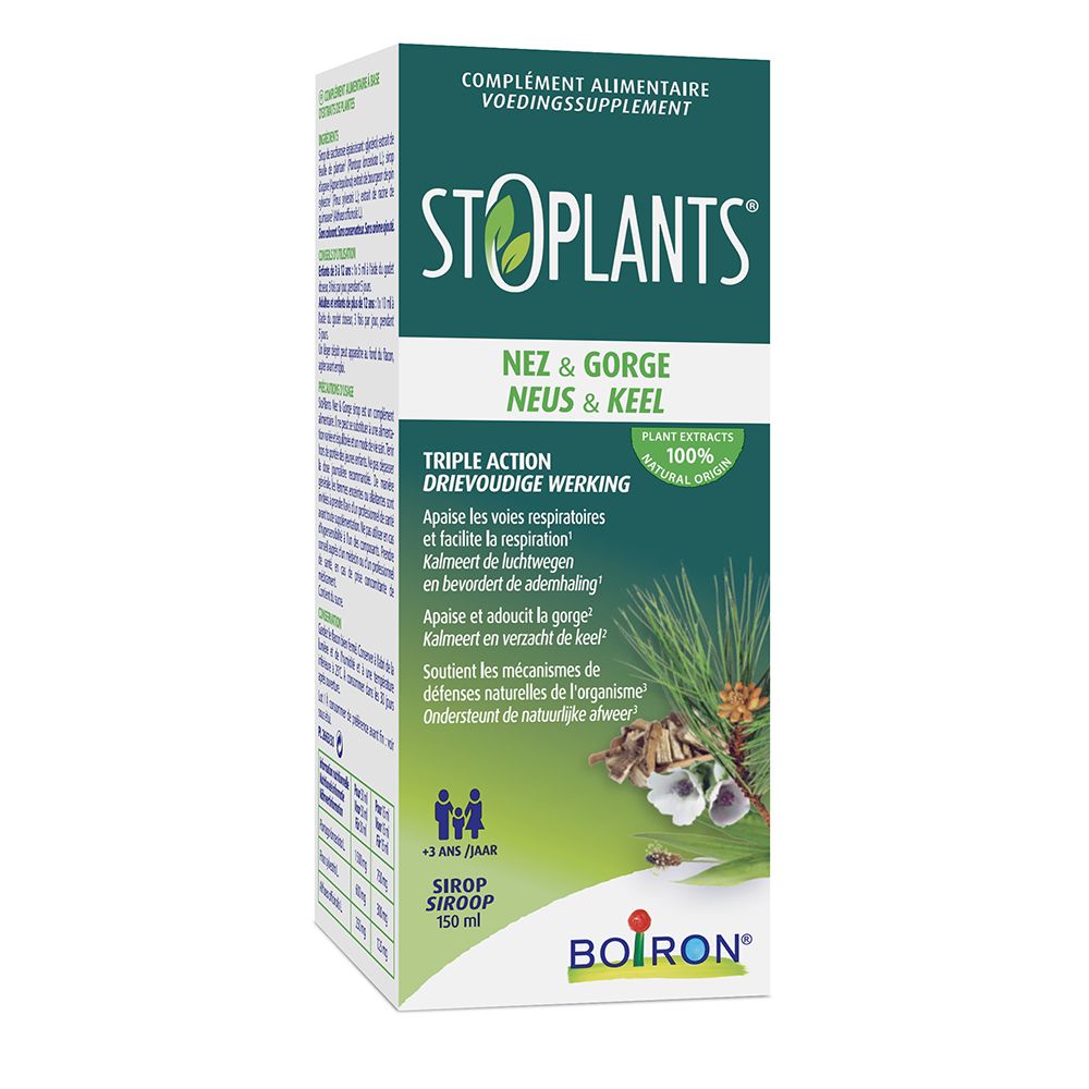 Stop Plants Halstabletten-Verpackung mit 'Nez & Gorge' Aufschrift, 150 ml Sirup.