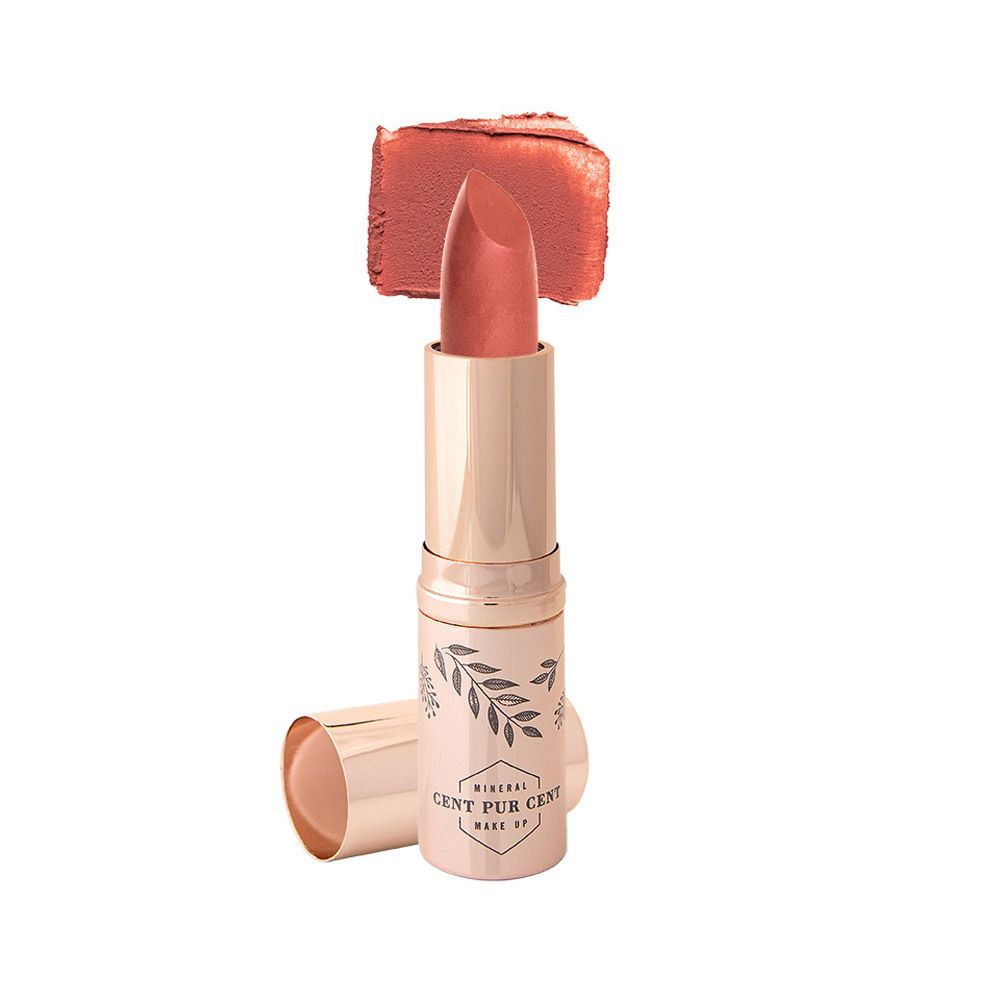 Rouge à lèvres avec capuchon ouvert et échantillon de couleur. Étui rosé. Inscription: CENT PUR CENT MAKE UP.