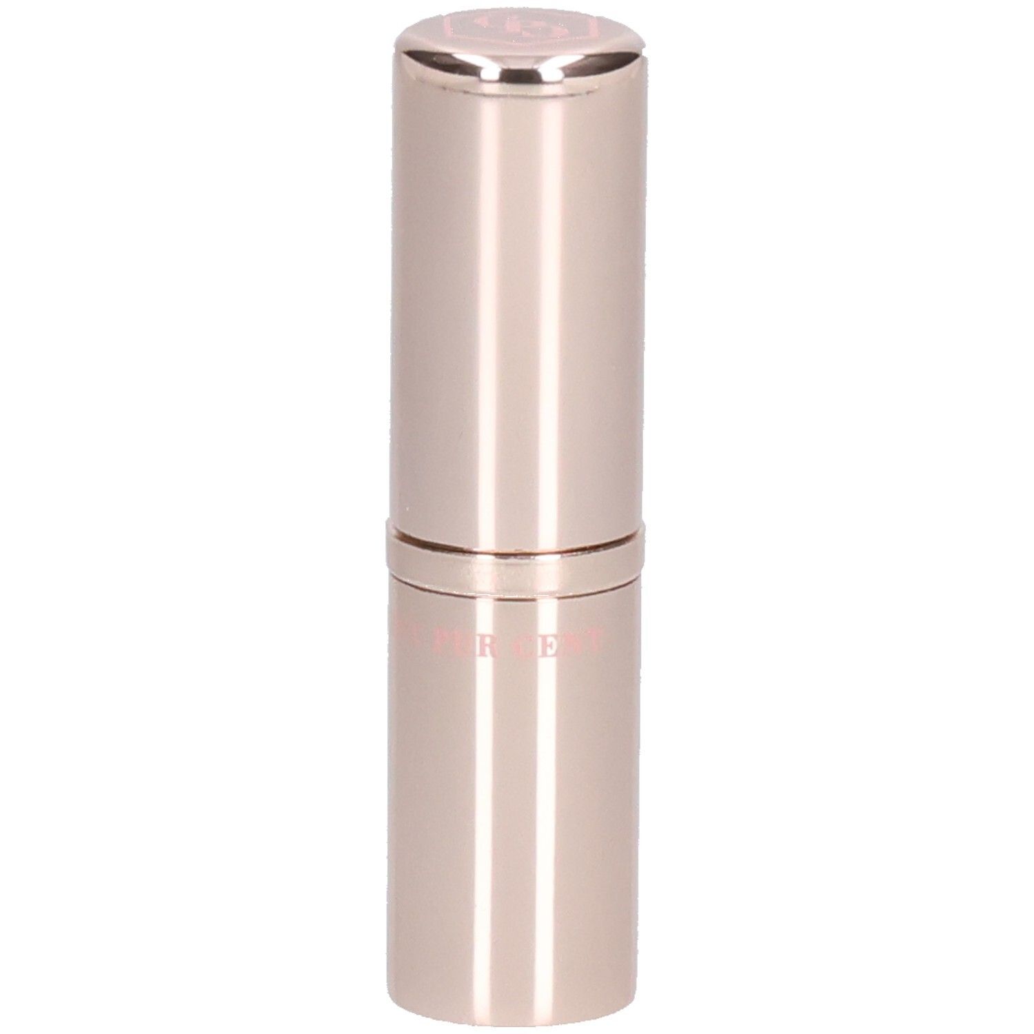 Roséfarbener Lippenstift in zylindrischer Hülse. Oberteil mit Logo. Unterteil mit Schriftzug.