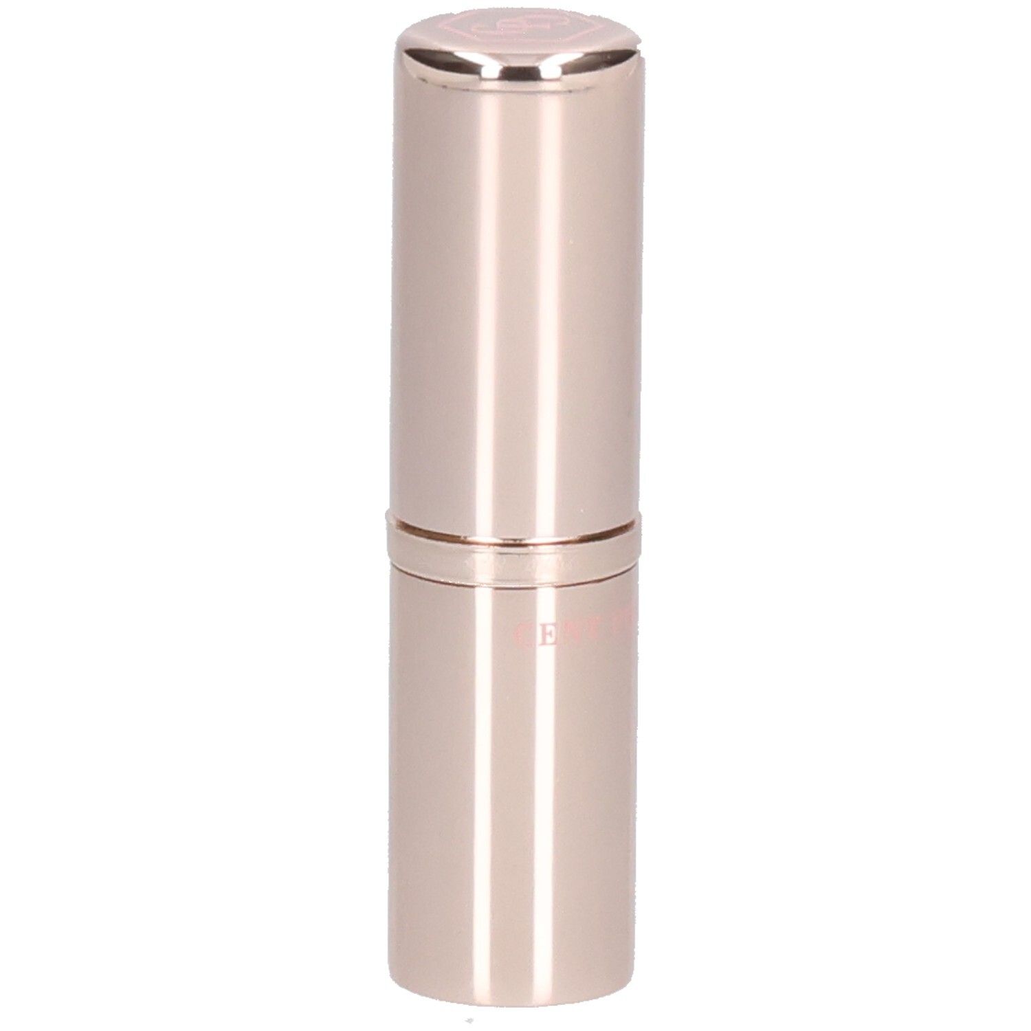 Roséfarbener Lippenstift in zylindrischer Hülse. Oberteil mit Logo. Unterteil mit Schriftzug.