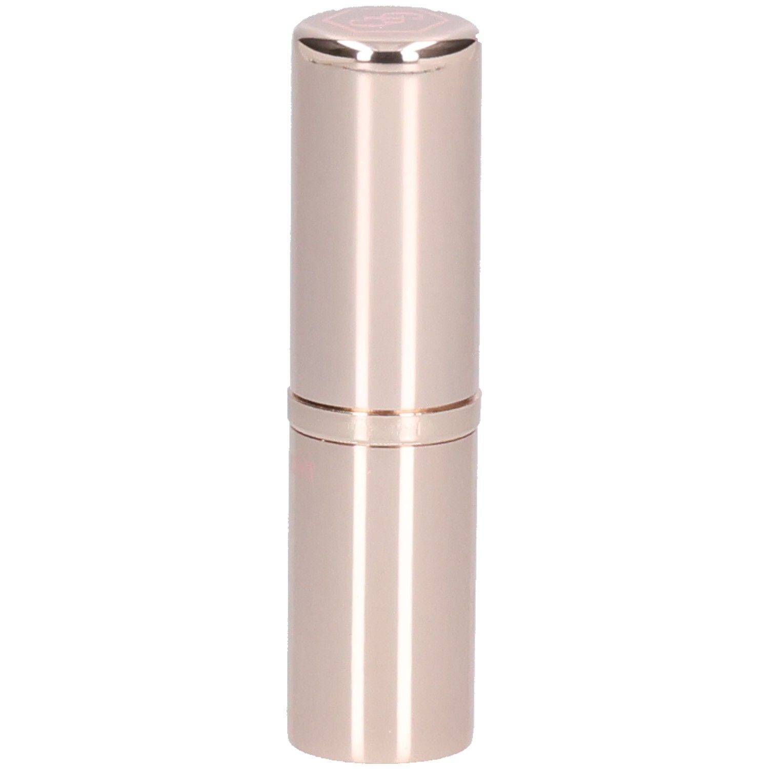 Roséfarbener Lippenstift in zylindrischer Hülse. Oberteil mit Logo. Unterteil mit Schriftzug.
