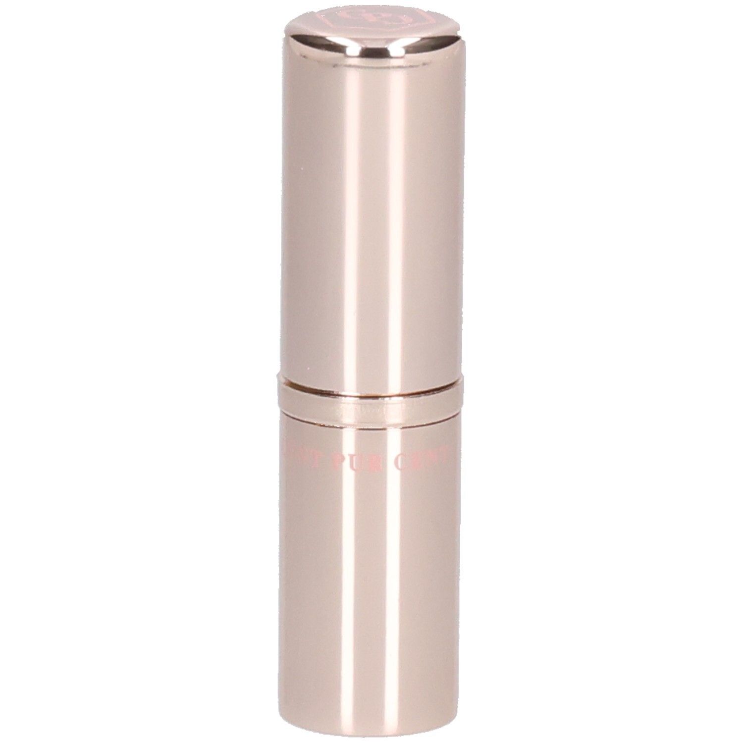 Roséfarbener Lippenstift in zylindrischer Hülse. Oberteil mit Logo. Unterteil mit Schriftzug.