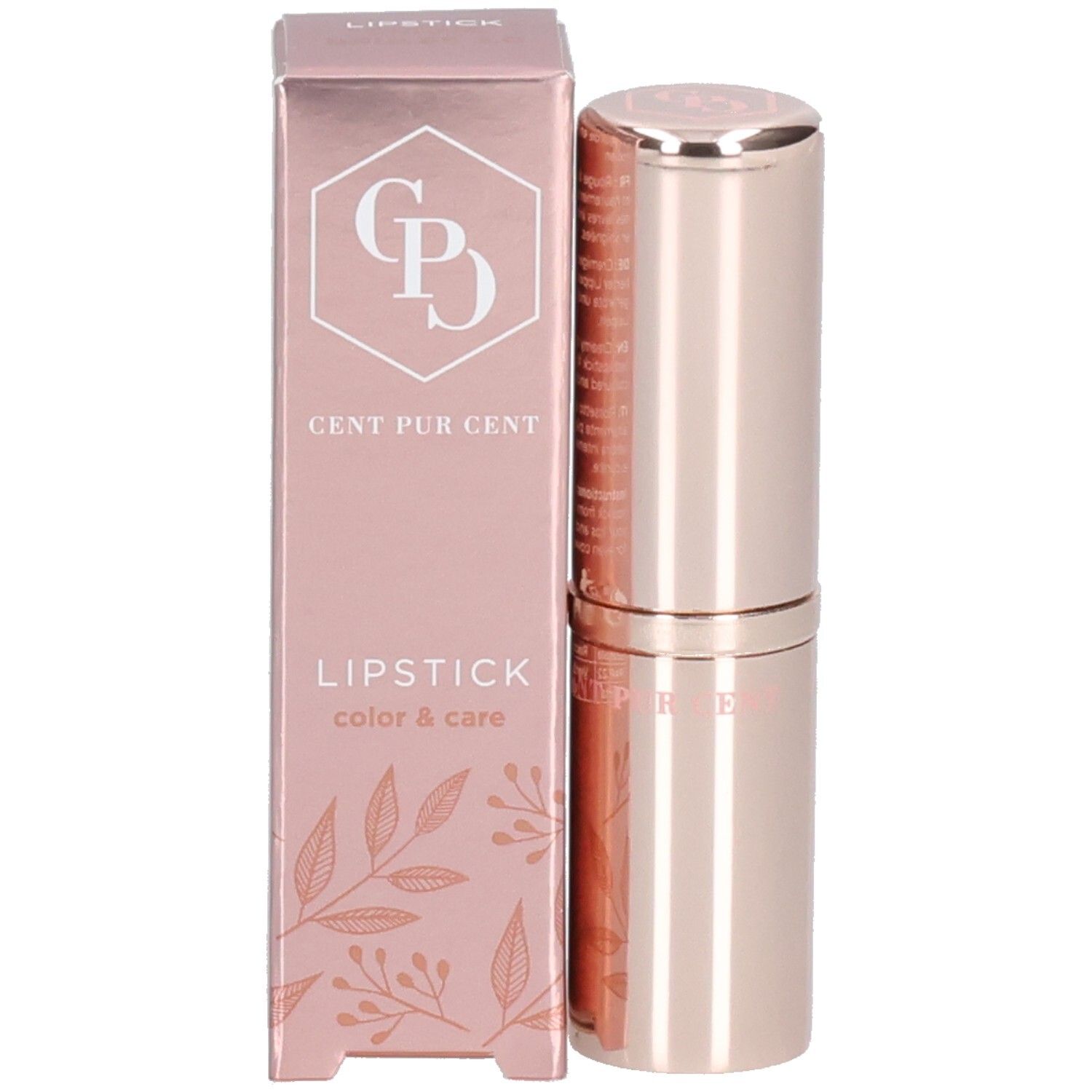 Lippenstift und Verpackung. Verpackung mit Logo und Text. Lippenstift in roséfarbener Hülse.