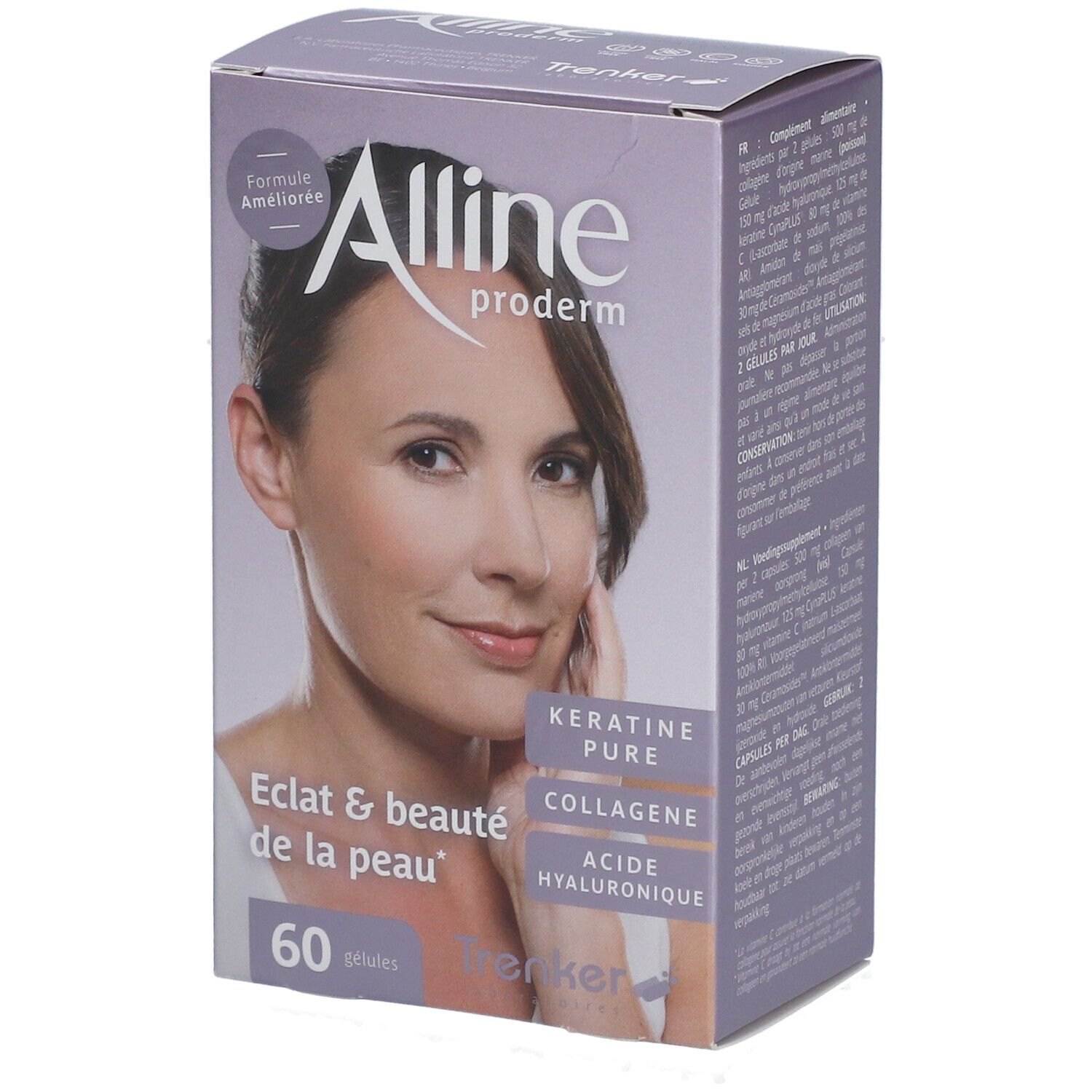 Verpackung von Alline Proderm Nouvelle Formule. Aufdruck: Eclat & beauté de la peau, 60 Kapseln. Enthält Keratin, Kollagen, Hyaluronsäure.
