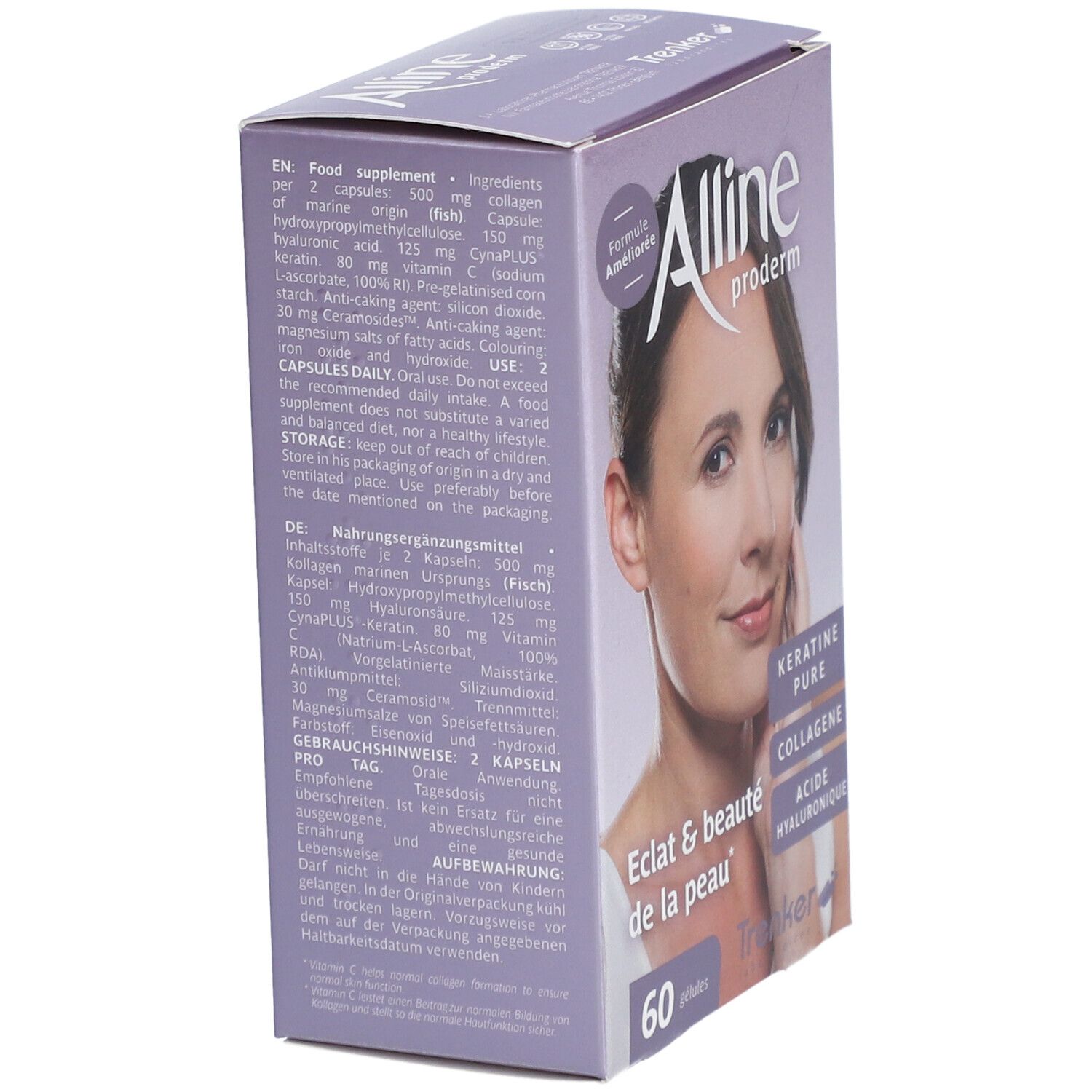 Verpackung von Alline Proderm Nouvelle Formule. Aufdruck: Eclat & beauté de la peau, 60 Kapseln. Enthält Keratin, Kollagen, Hyaluronsäure. Rückseite mit Inhaltsstoffen.