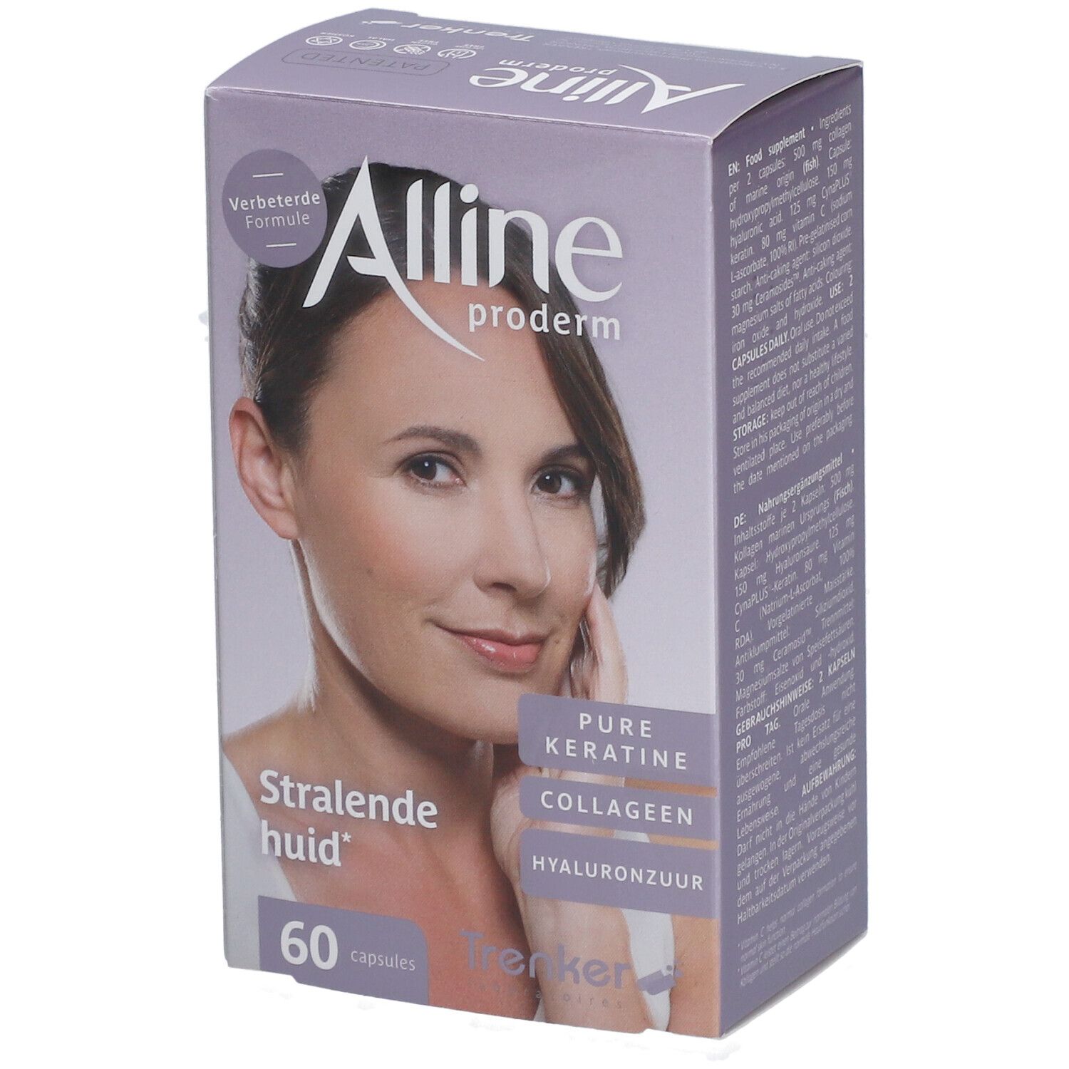 Verpackung von Alline Proderm Nouvelle Formule. Aufdruck: Strahlende huid, 60 Kapseln. Enthält Keratin, Kollagen, Hyaluronsäure.