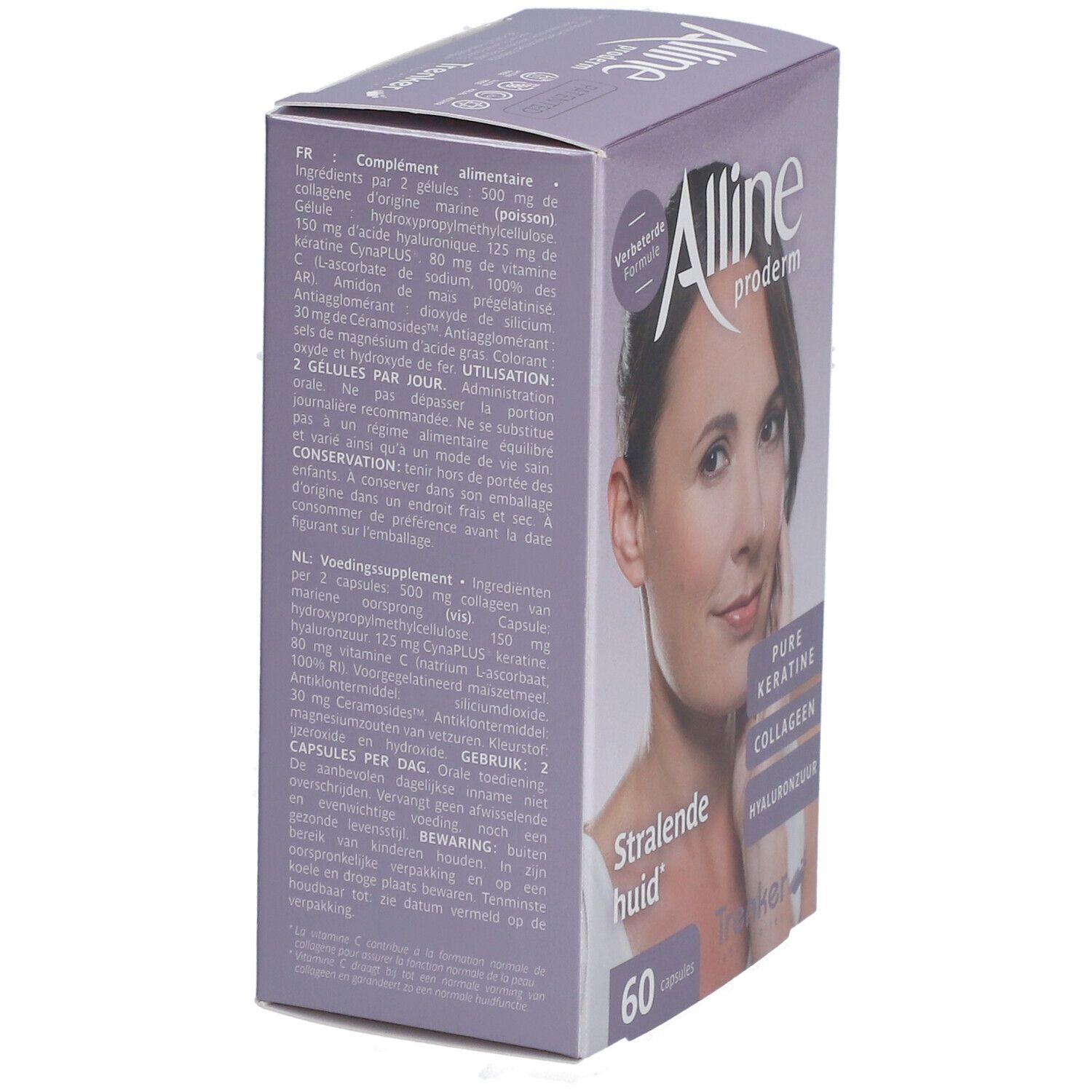 Verpackung von Alline Proderm Nouvelle Formule. Aufdruck: Strahlende huid, 60 Kapseln. Enthält Keratin, Kollagen, Hyaluronsäure. Rückseite mit Inhaltsstoffen.