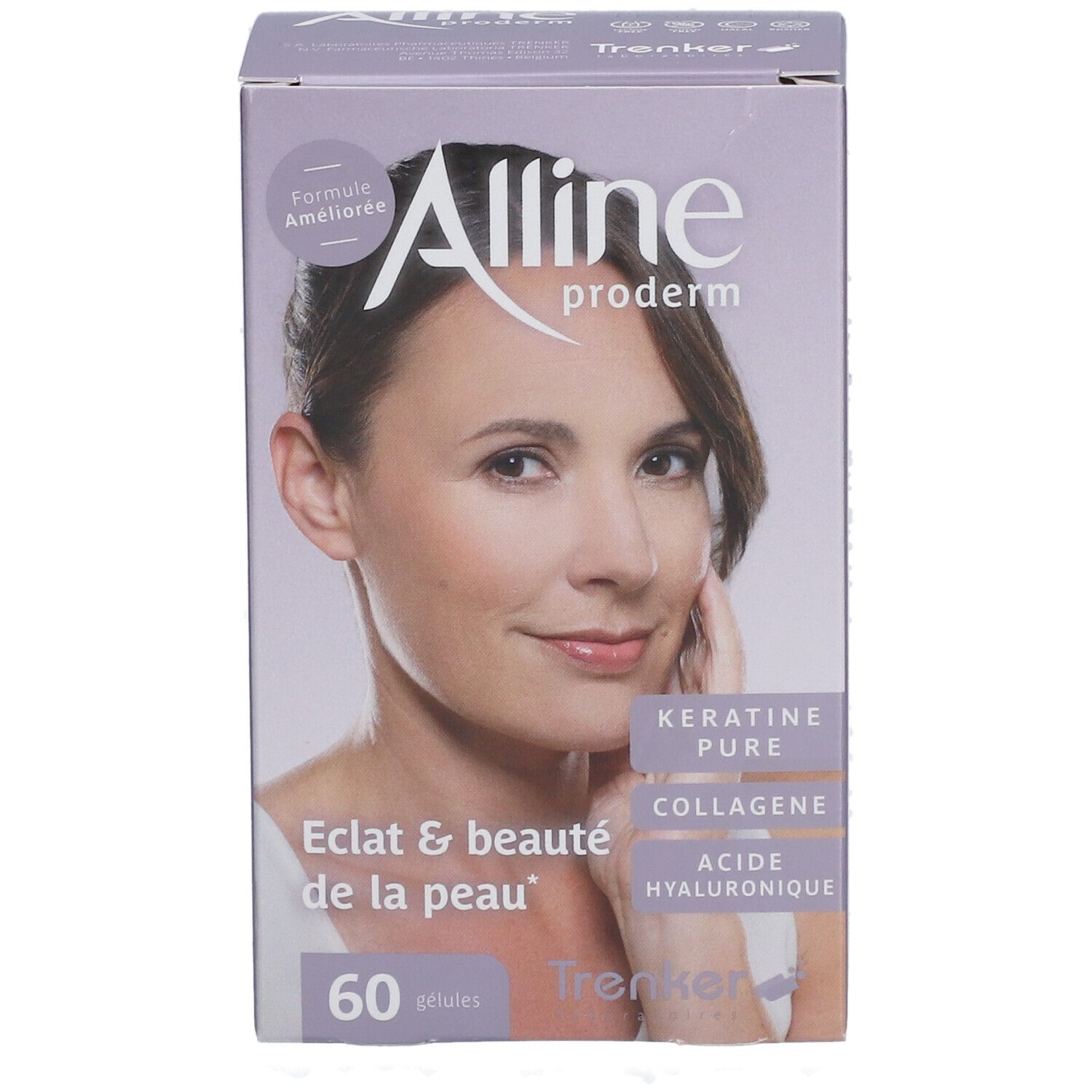 Verpackung von Alline Proderm Nouvelle Formule. Aufdruck: Eclat & beauté de la peau, 60 Kapseln. Enthält Keratin, Kollagen, Hyaluronsäure.