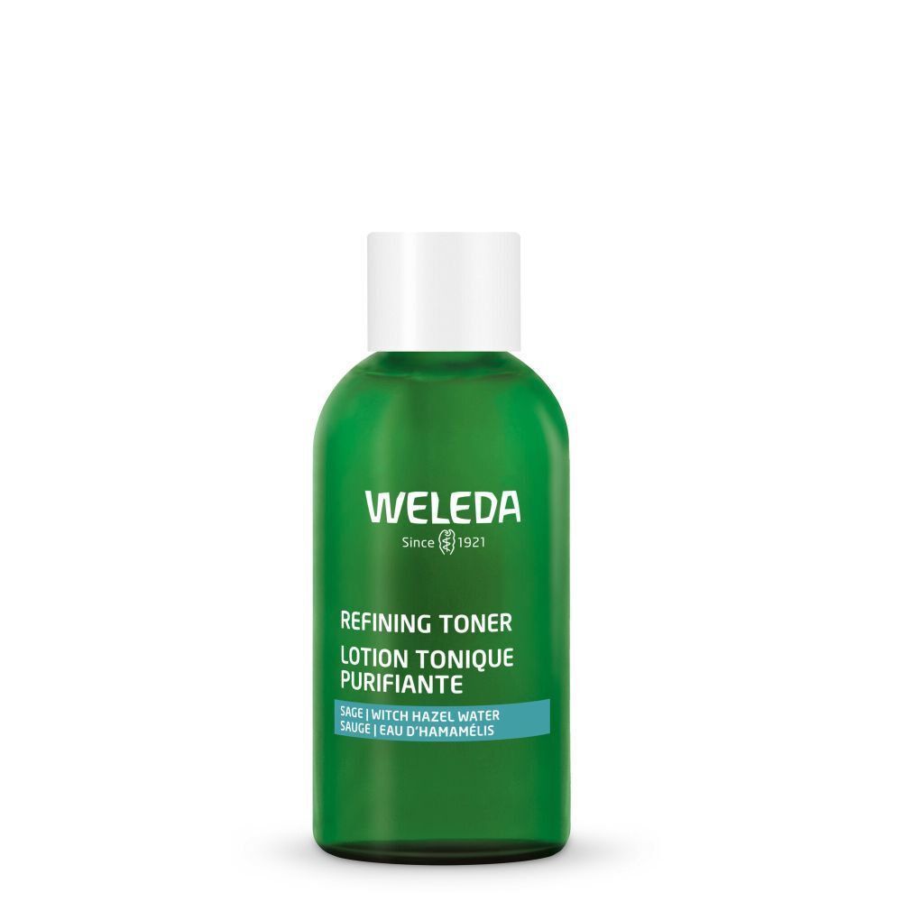 Flacon vert avec bouchon blanc. Inscriptions: WELEDA, REFINING TONER, LOTION TONIQUE PURIFIANTE. Ingrédients: Sauge, eau d'hamamélis.
