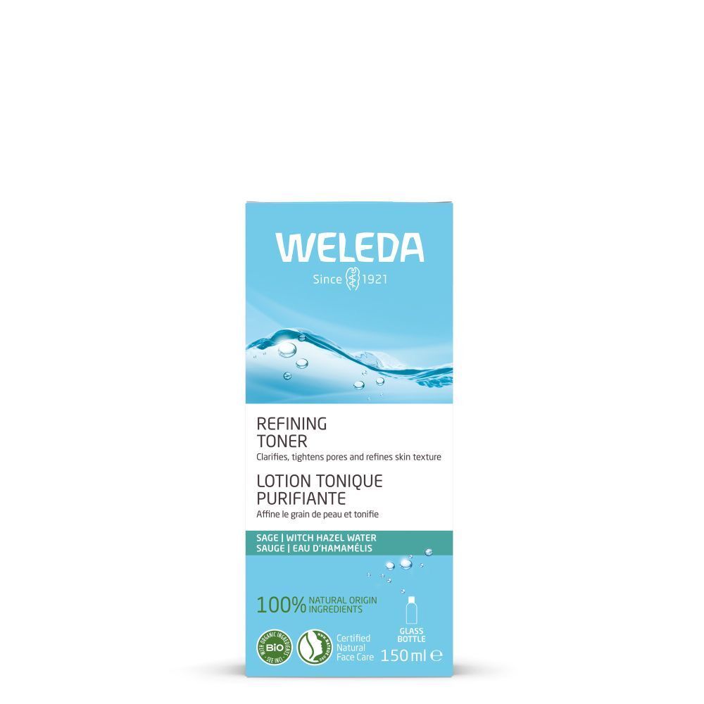Emballage avec inscriptions: WELEDA, REFINING TONER, LOTION TONIQUE PURIFIANTE. Ingrédients 100% d'origine naturelle. Certification bio.