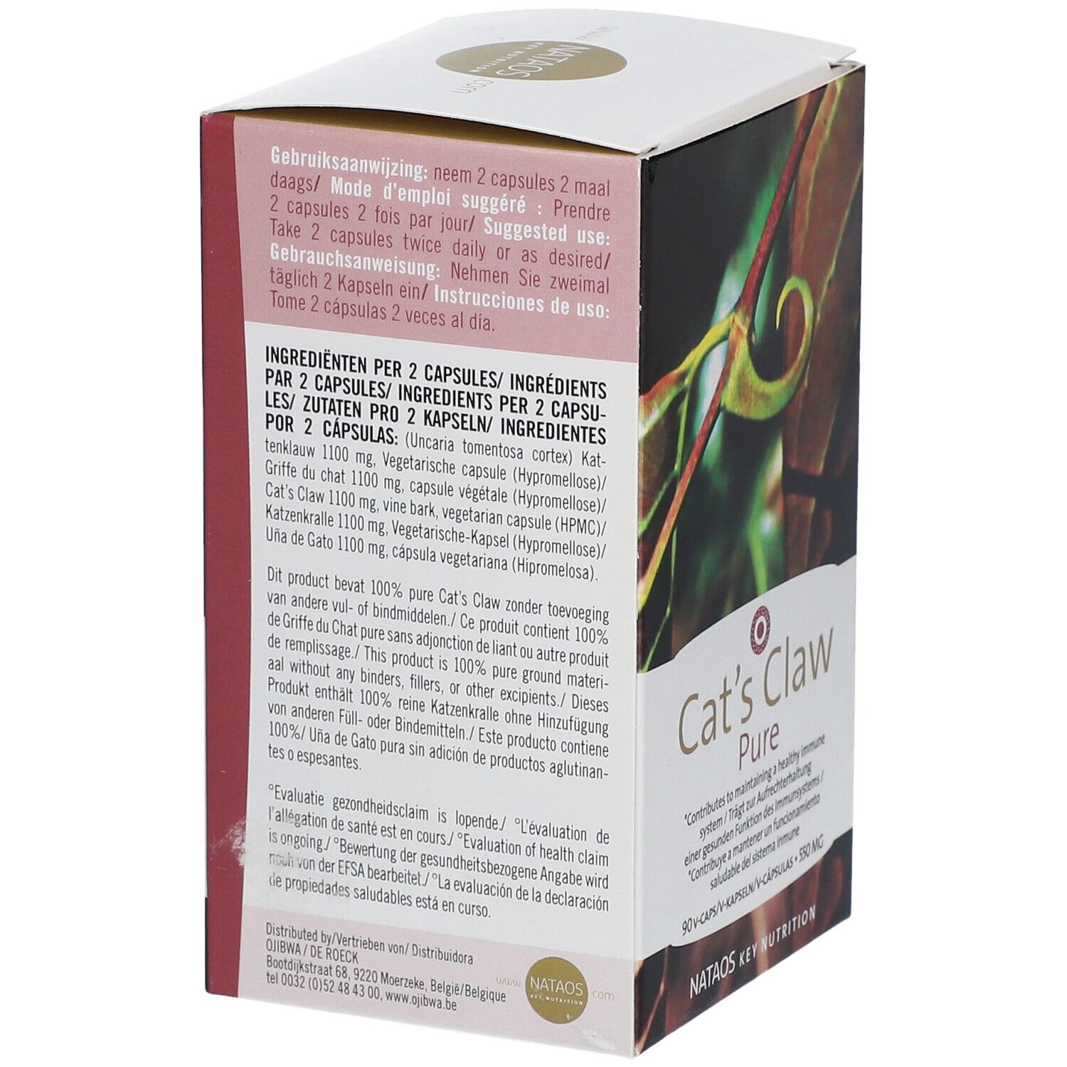 Rückseite der "Cat's Claw Pure"-Verpackung. Enthält Informationen zu Inhaltsstoffen und Dosierung.