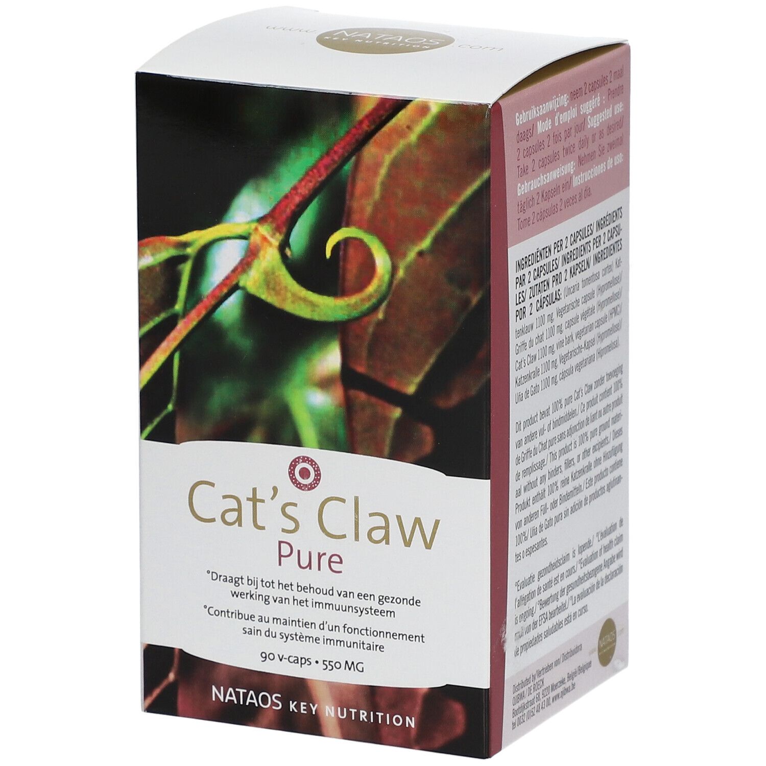 Seitenansicht der "Cat's Claw Pure"-Verpackung. Enthält Informationen zur Dosierung.