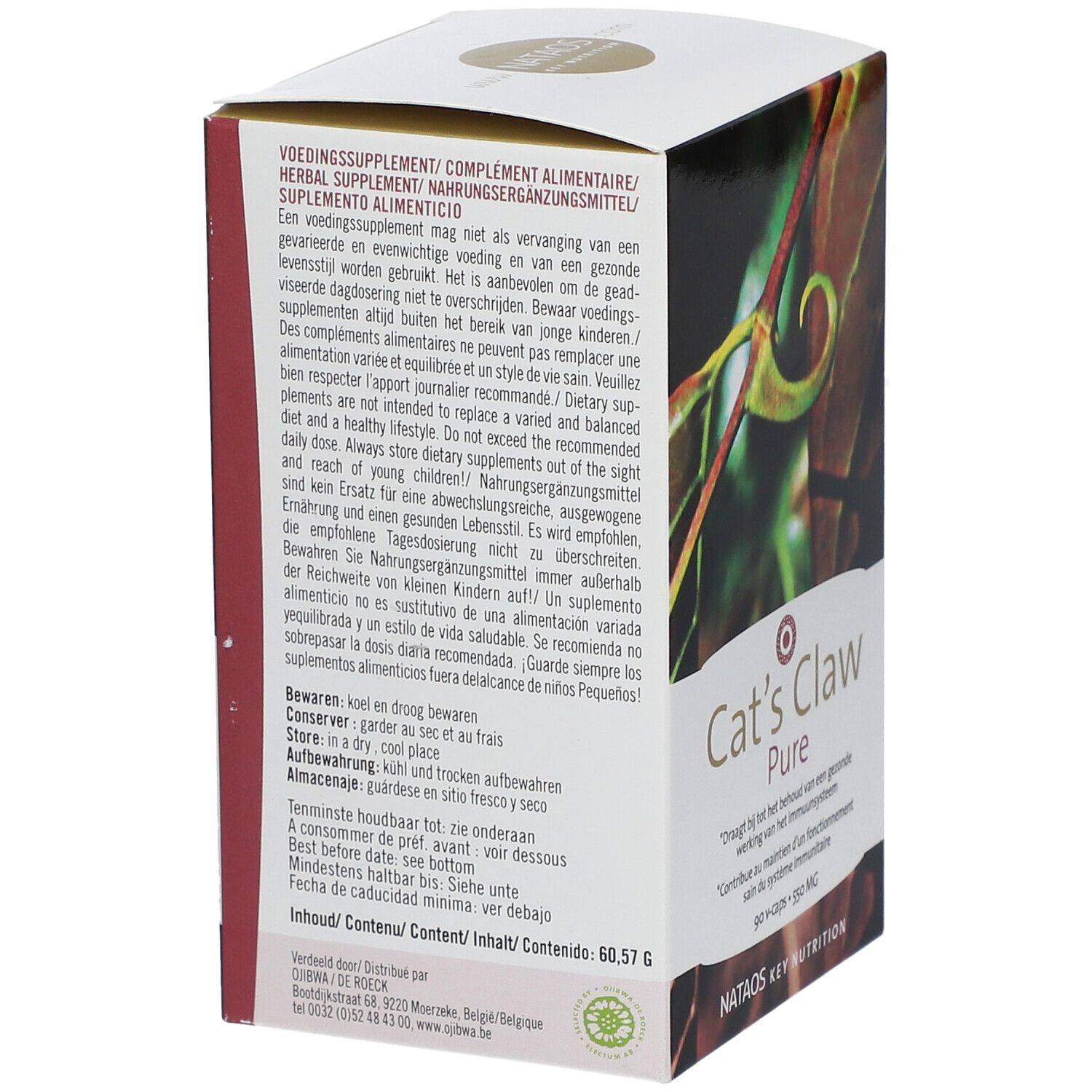 Seitenansicht der "Cat's Claw Pure"-Verpackung. Enthält Informationen zur Lagerung und Inhaltsstoffe.