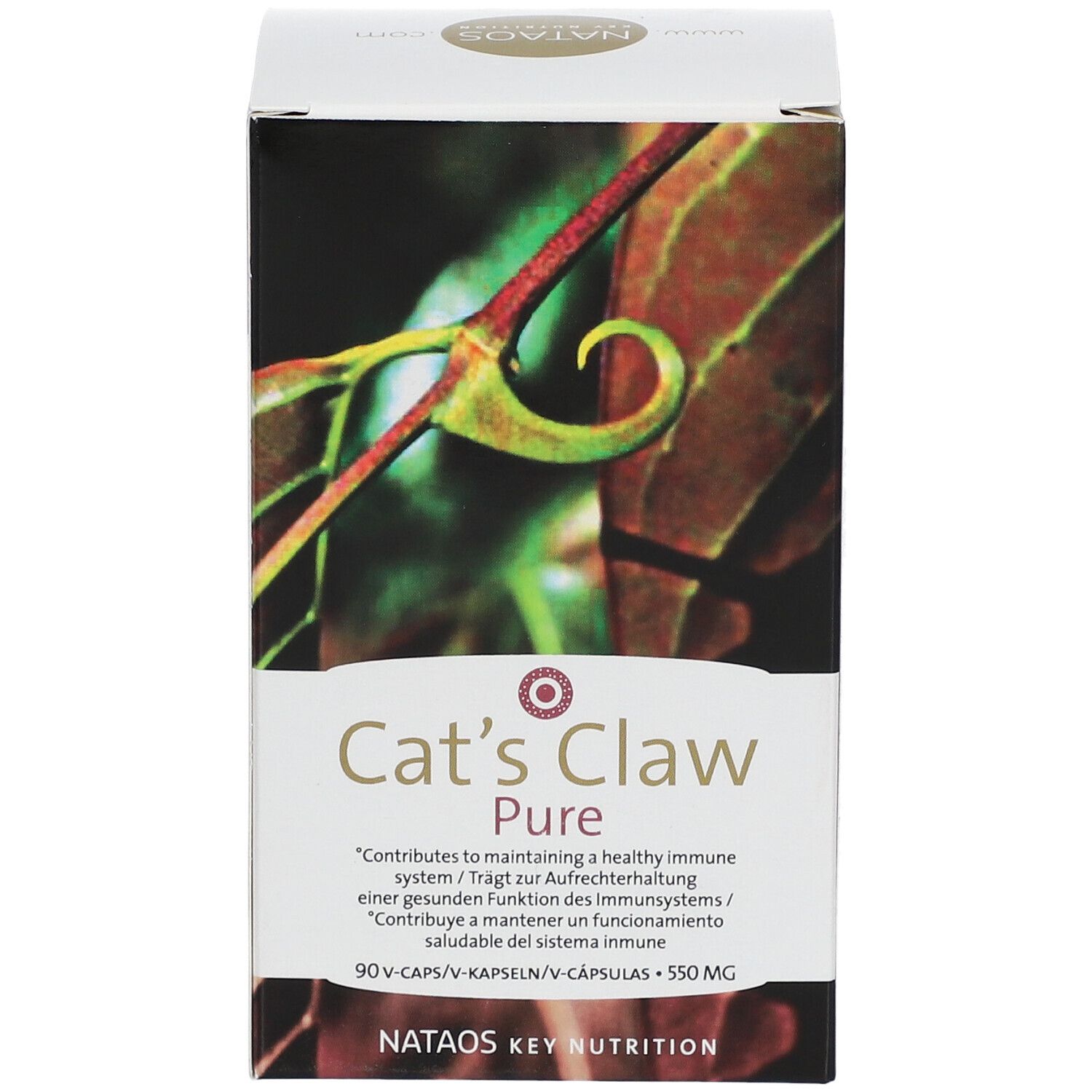 Vorderansicht der "Cat's Claw Pure"-Verpackung. Enthält Logo und Produktinformationen.
