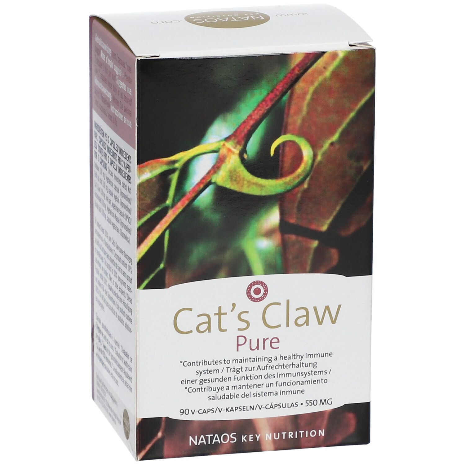Vorderansicht der "Cat's Claw Pure"-Verpackung. Enthält Logo und Produktinformationen.
