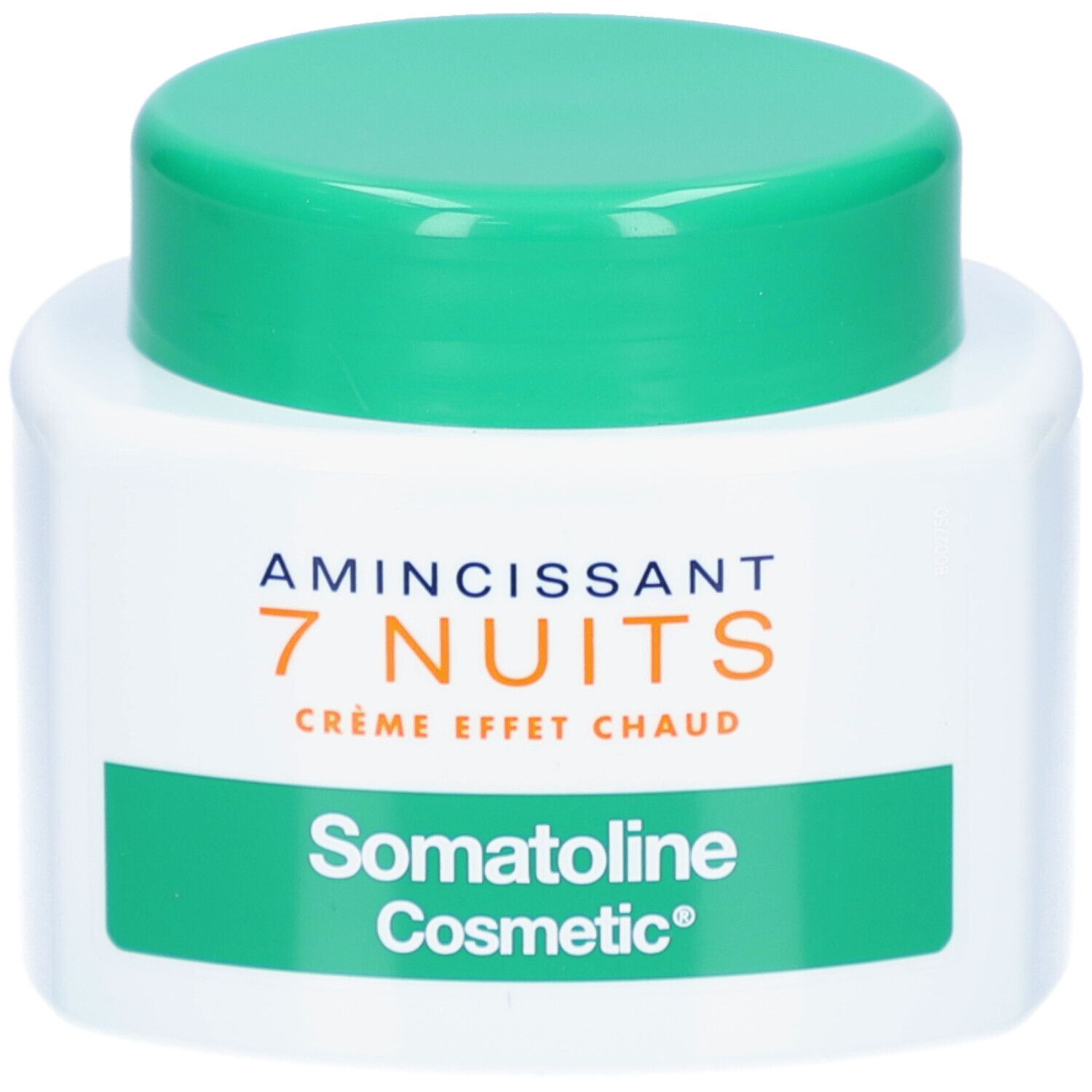 Weißer Tiegel mit grünem Deckel. Aufschrift: Amincissant 7 Nuits, Crème Effet Chaud, Somatoline Cosmetic.