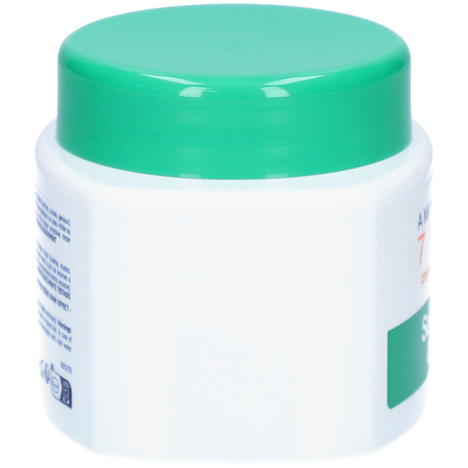 Weißer Tiegel mit grünem Deckel. Auf der Seite ein grünes Etikett. Text nicht lesbar.