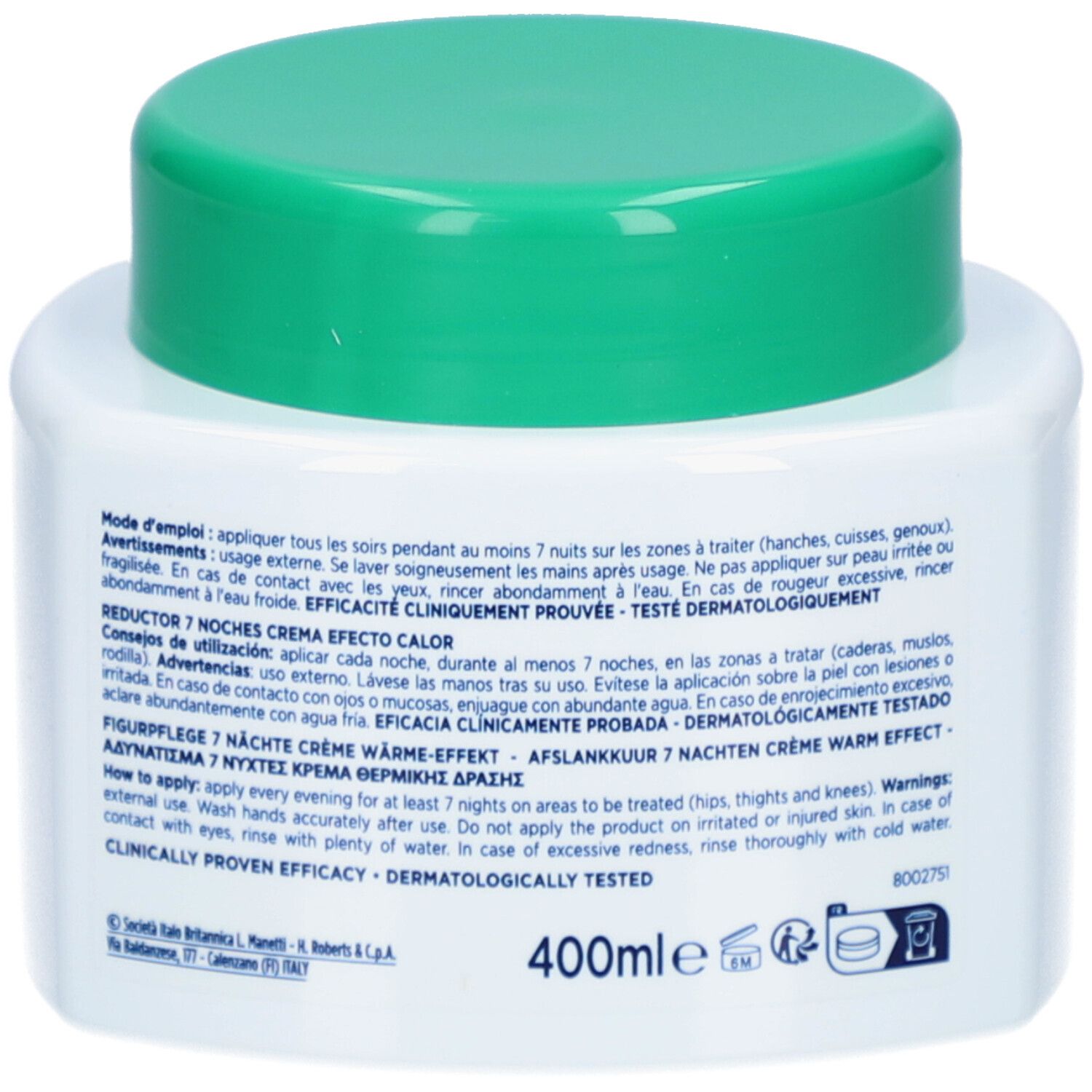 Rückseite des weißen Tiegels mit grünem Deckel. Text in mehreren Sprachen. 400ml.