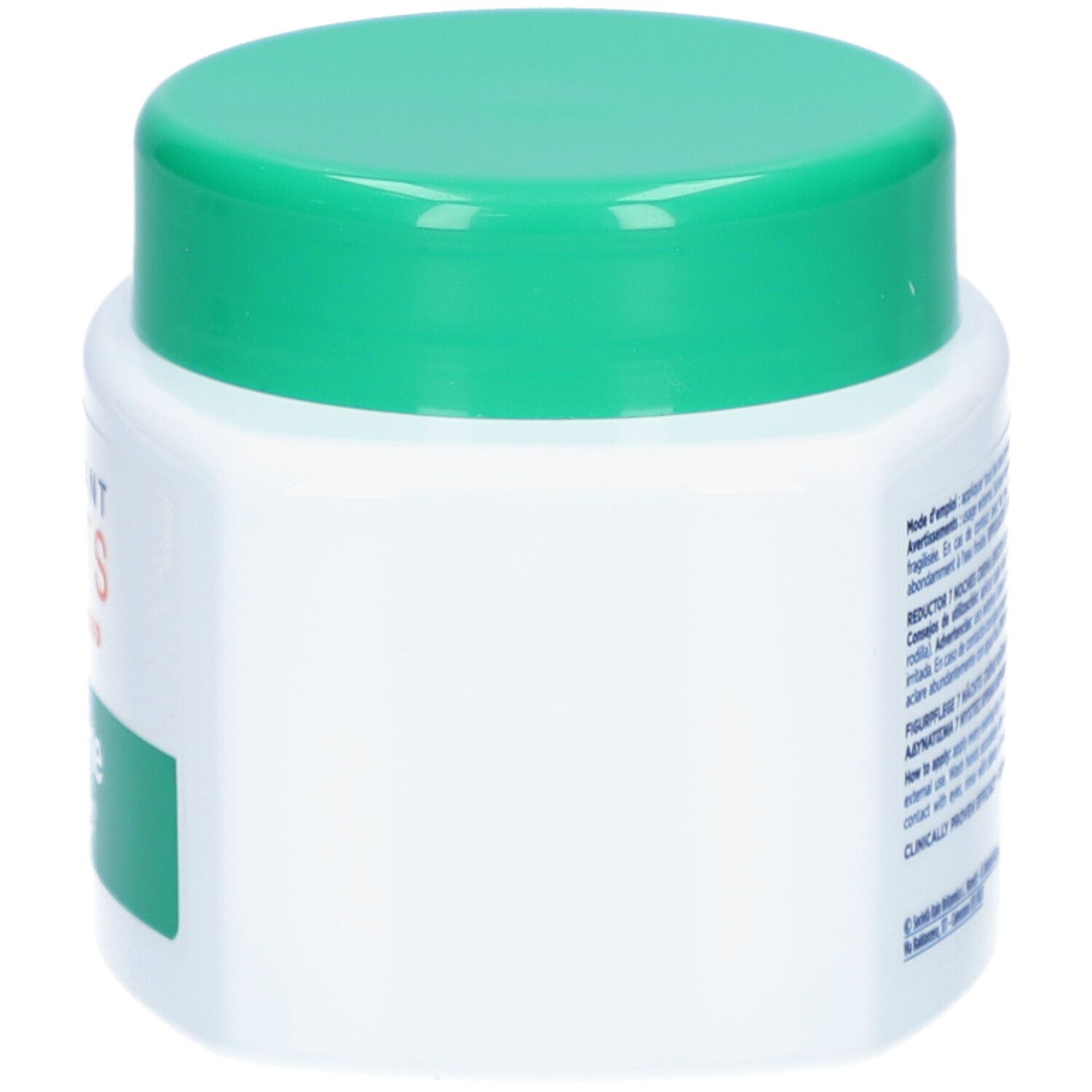 Weißer Tiegel mit grünem Deckel. Auf der Seite ein grünes Etikett. Text nicht lesbar.