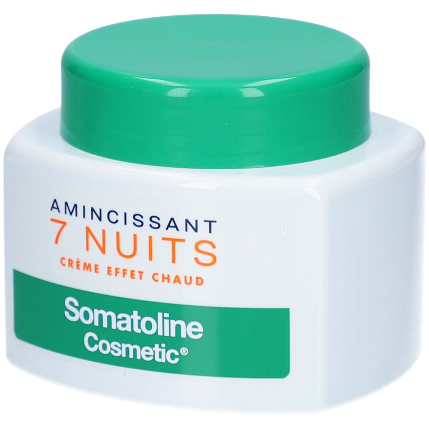 Weißer Tiegel mit grünem Deckel. Aufschrift: Amincissant 7 Nuits, Crème Effet Chaud, Somatoline Cosmetic.