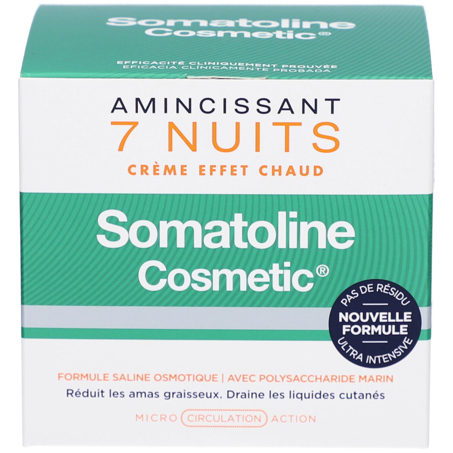 Produktverpackung. Aufschrift: Amincissant 7 Nuits, Crème Effet Chaud, Somatoline Cosmetic.
