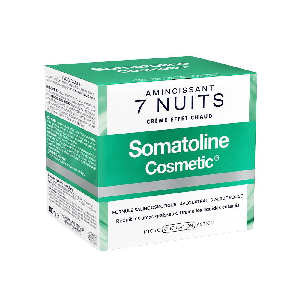 Emballage du produit. Inscription: 7 Nuits, Crème Effet Chaud, Somatoline Cosmetic.