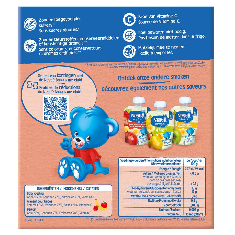 Dos de l'emballage en carton avec informations sur NESTLE Baby Fruit. Contient informations nutritionnelles, ingrédients et QR code.