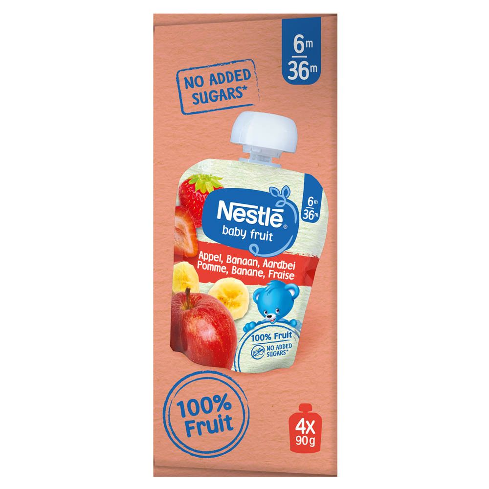Emballage carton avec une gourde NESTLE Baby Fruit Pomme-Banane-Fraise. Illustration du produit et ours.