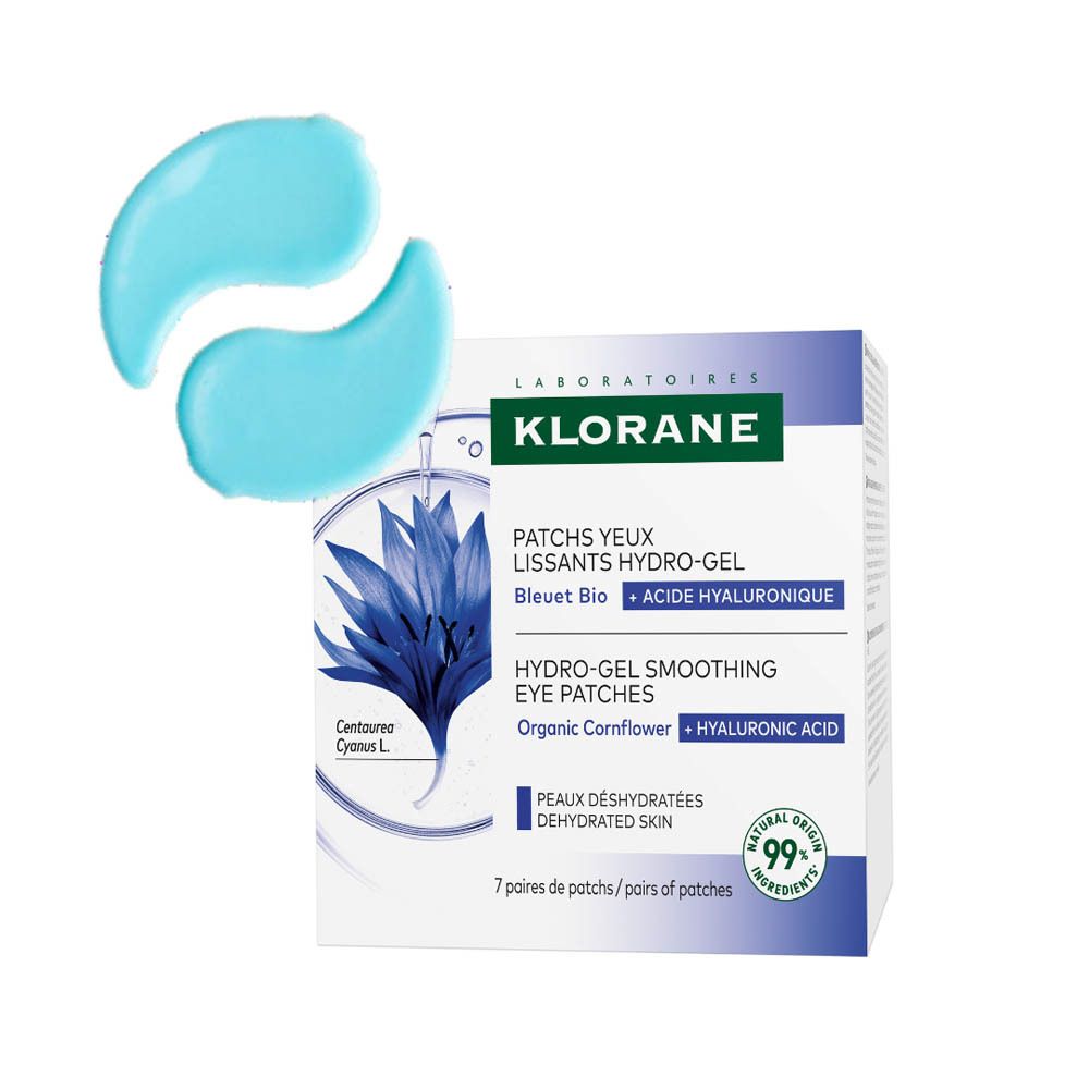 Deux patchs bleus à côté de la boîte Klorane. Texte: Hydro-Gel, acide hyaluronique, 7 paires.