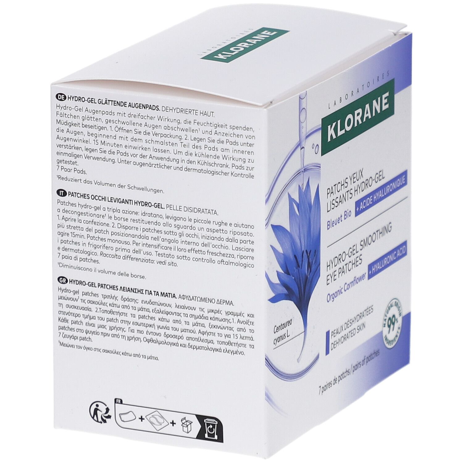 Klorane Augenpflaster-Box, Seitenansicht. Text: Hydro-Gel, Hyaluronsäure, 7 Paar Patches. Gebrauchsanweisung.