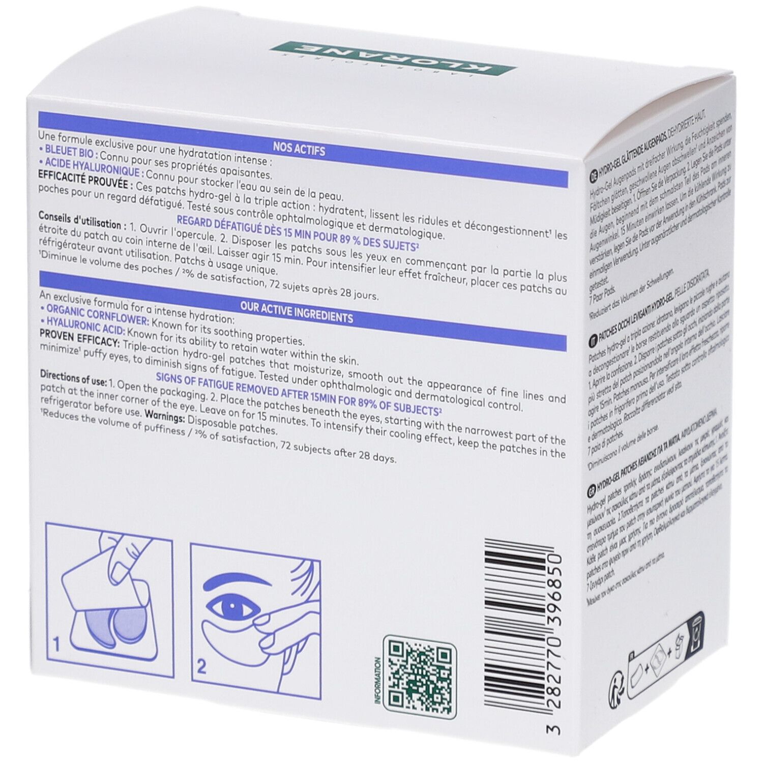 Rückseite der Klorane Augenpflaster-Box. Text: Inhaltsstoffe, Anwendungshinweise, QR-Code, 3282770396850.