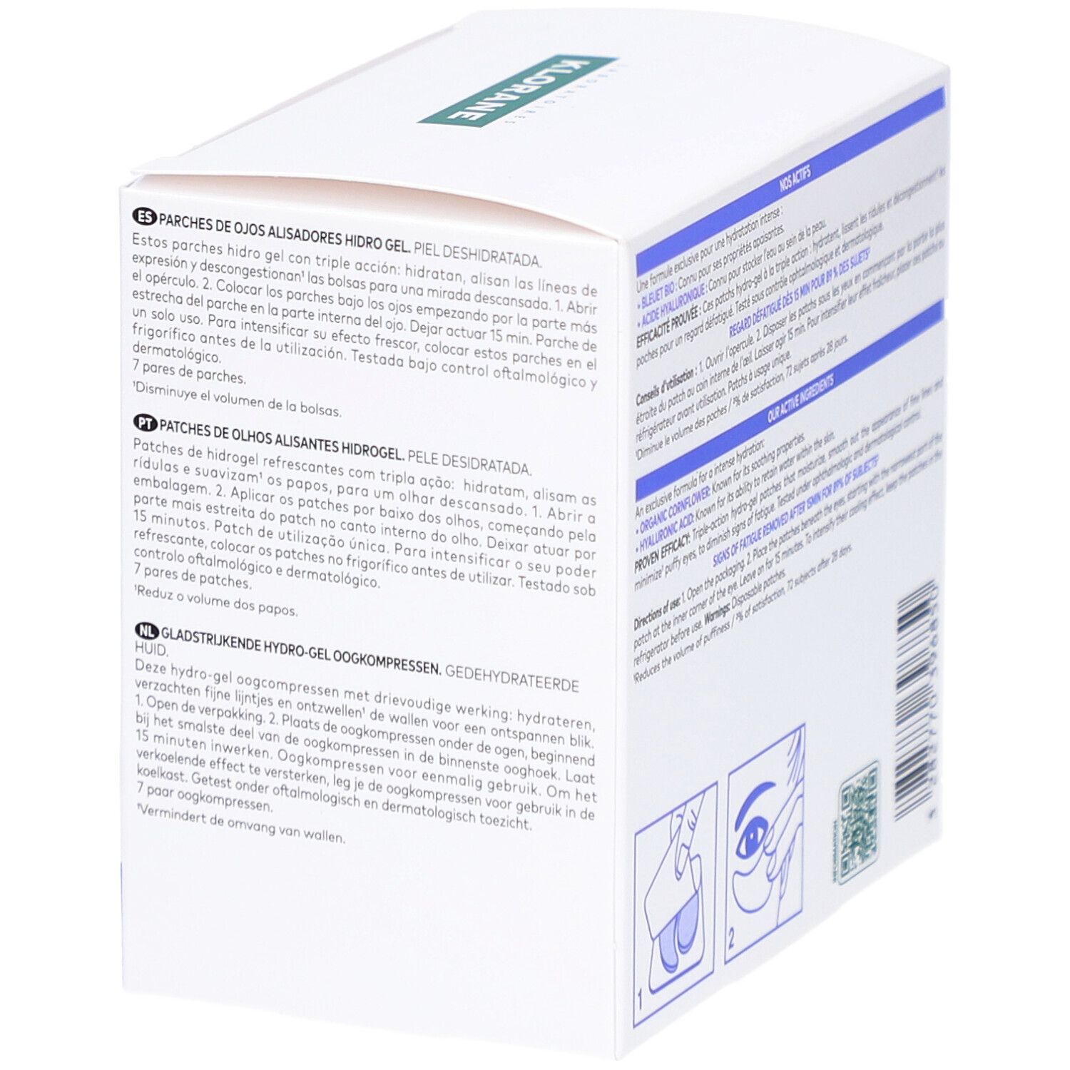 Rückseite der Klorane Augenpflaster-Box. Text: Inhaltsstoffe, Anwendungshinweise, QR-Code, 3282770396850.