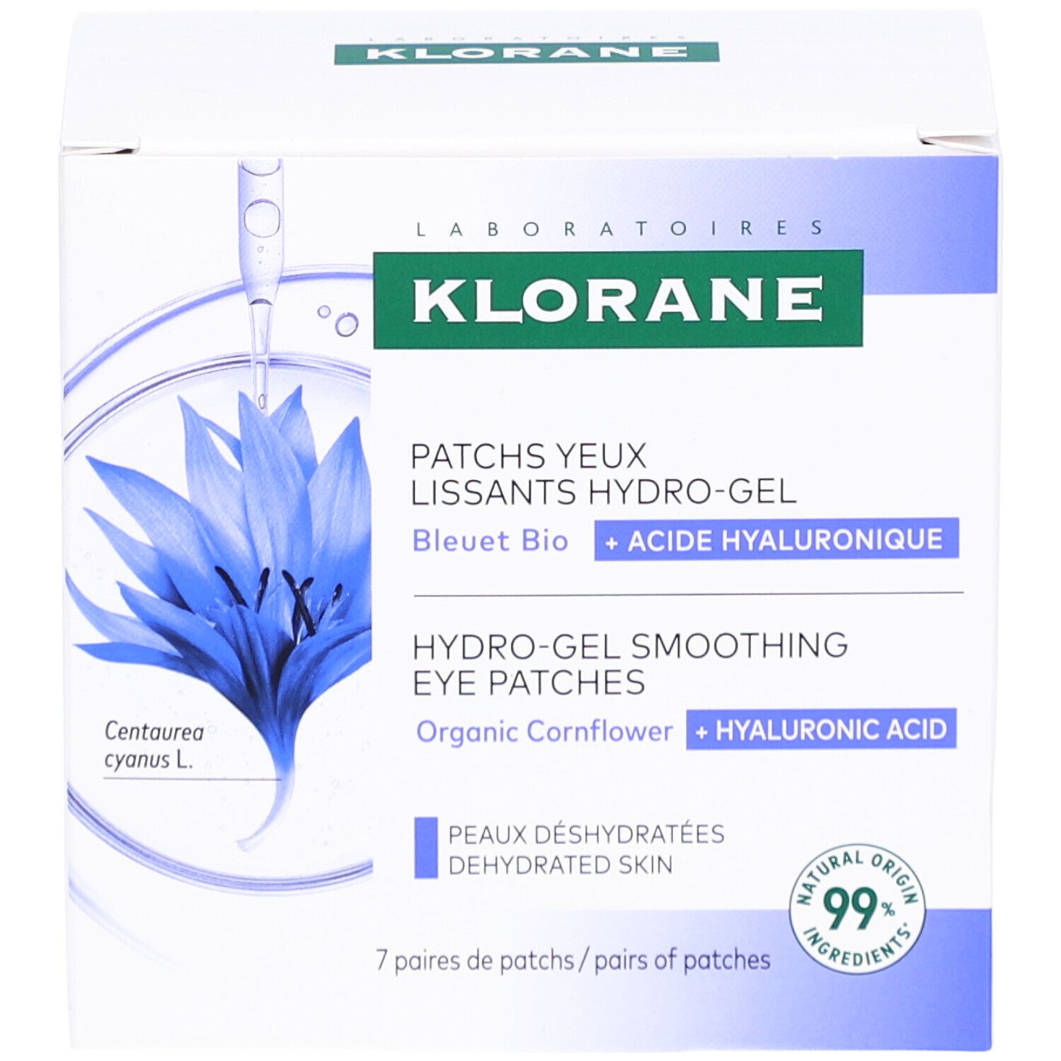 Klorane Augenpflaster-Box. Blaue Blüten-Illustration. Text: Hydro-Gel, Hyaluronsäure, 7 Paar Patches.