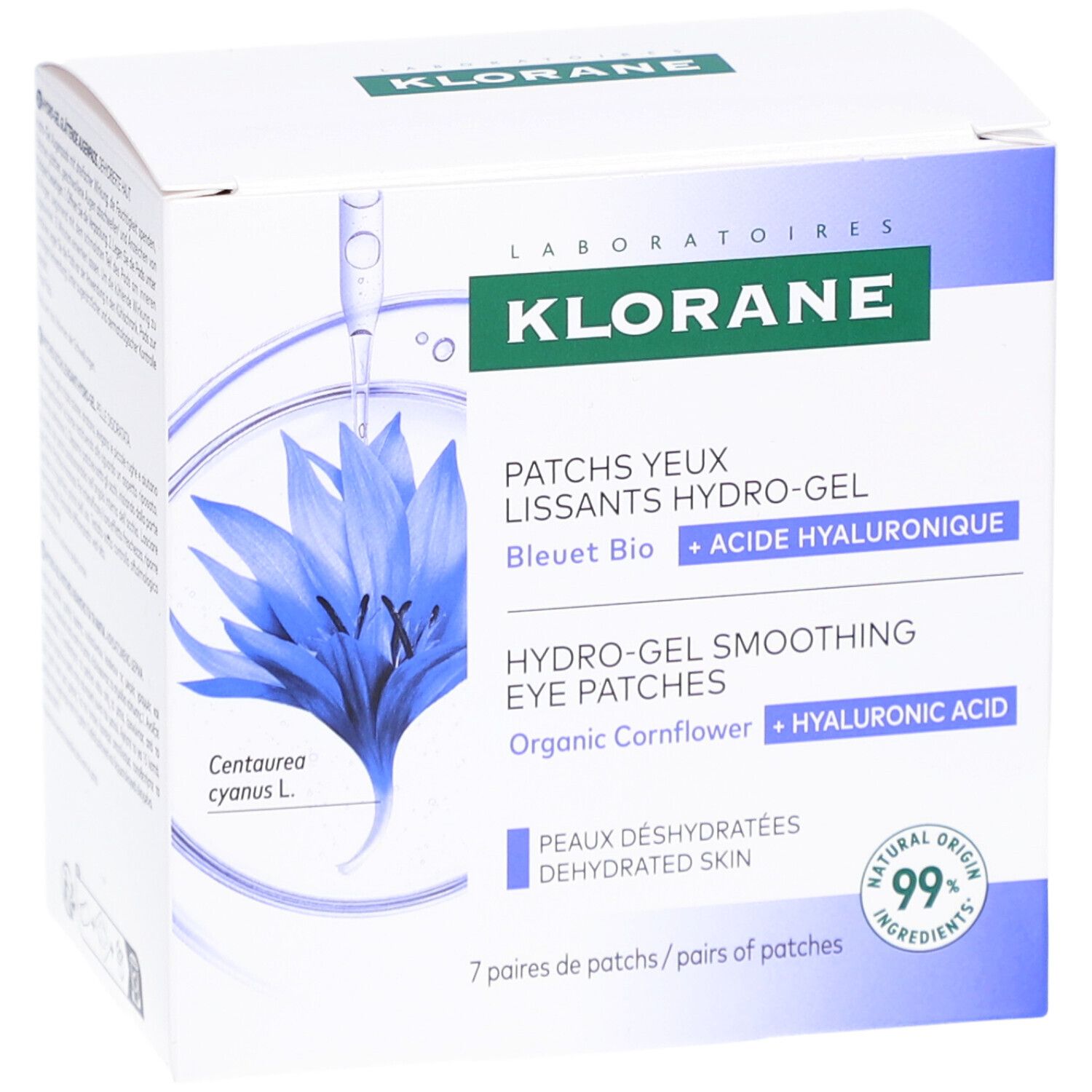Klorane Augenpflaster-Box. Blaue Blüten-Illustration. Text: Hydro-Gel, Hyaluronsäure, 7 Paar Patches.