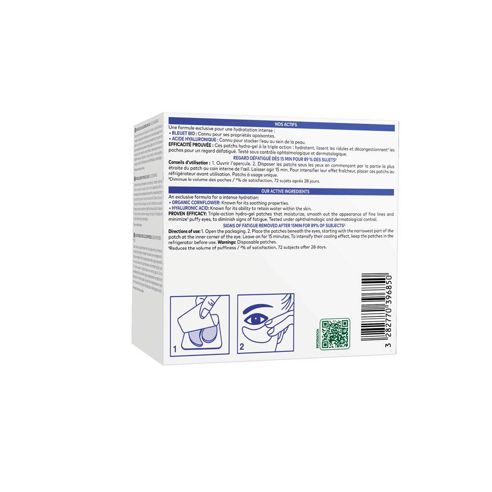 Dos de la boîte de patchs yeux Klorane. Texte: Ingrédients, conseils d'utilisation, code QR, 3282770396850.