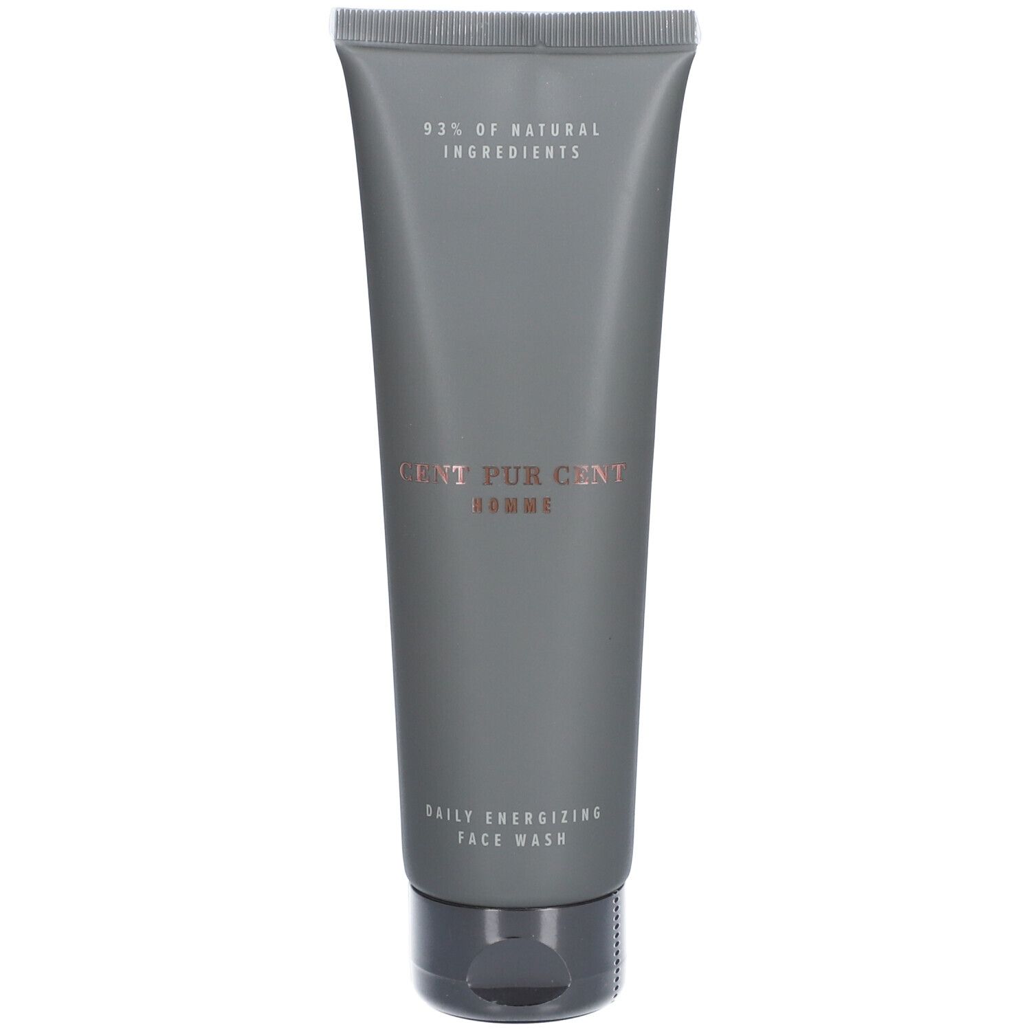 Graue Tube mit "Cent Pur Cent Homme Daily Energizing Face Wash"-Aufdruck. Oben steht "93% of natural ingredients".