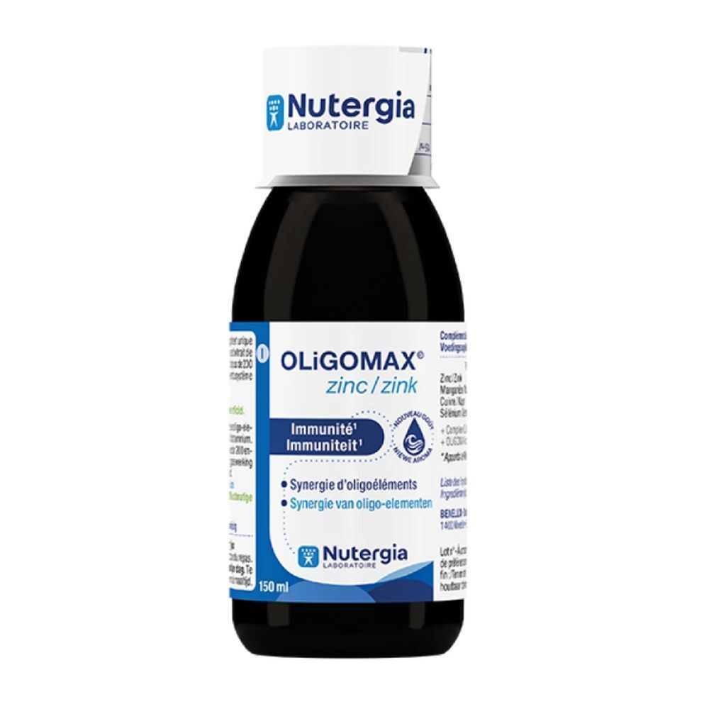 Flüssiges Nahrungsergänzungsmittel in einer braunen Flasche. Aufschrift: Oligomax Zinc, Nutergia. 150 ml.