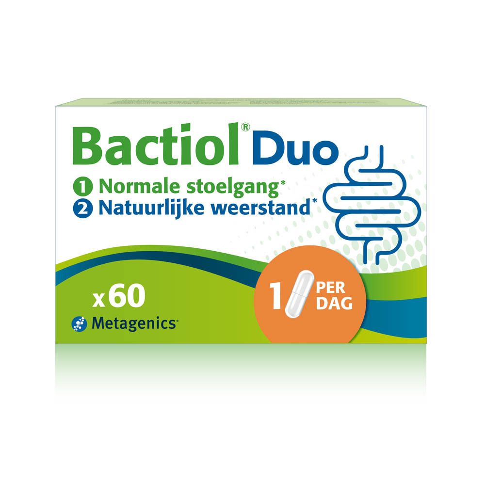 Bactiol Duo-Verpackung. Aufschrift: Normale Verdauung, Natürliche Abwehr. Mit Darm-Symbol und Kapsel.