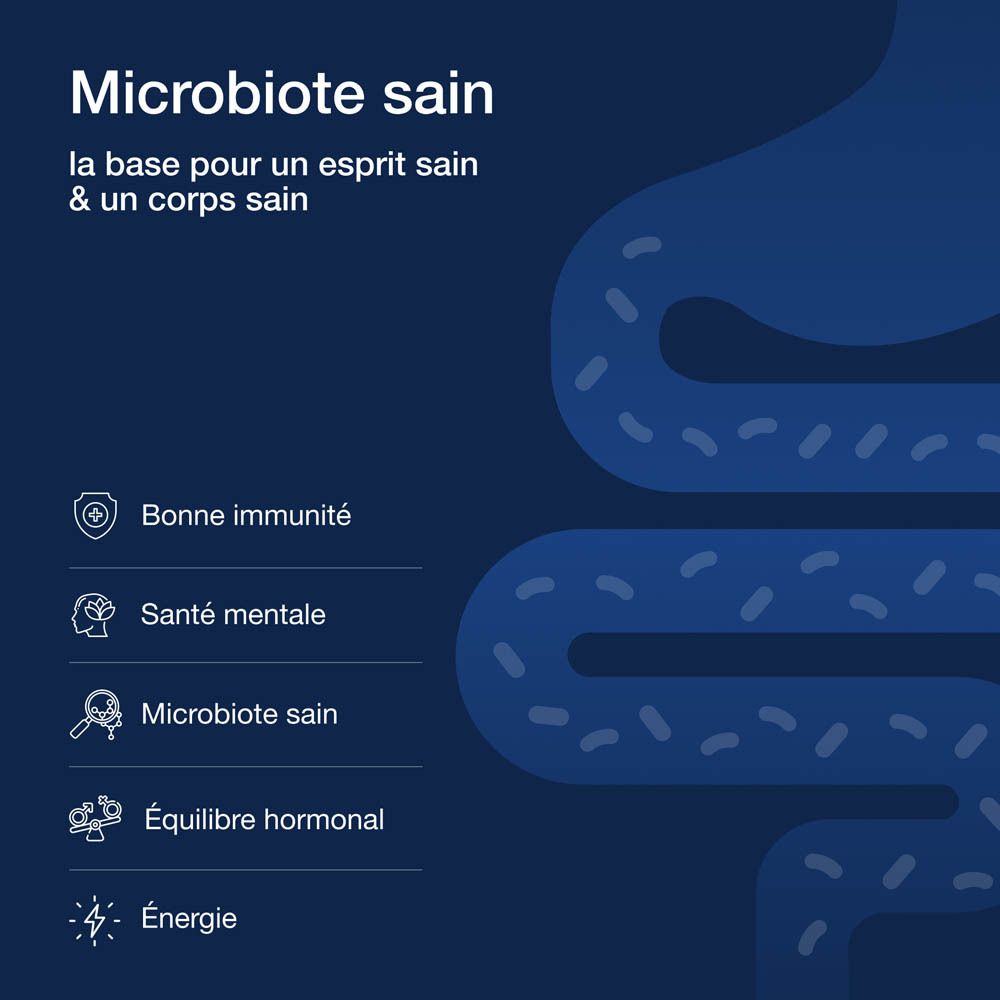 Flore intestinale saine. Graphique avec organes et textes : immunité, santé mentale, etc.