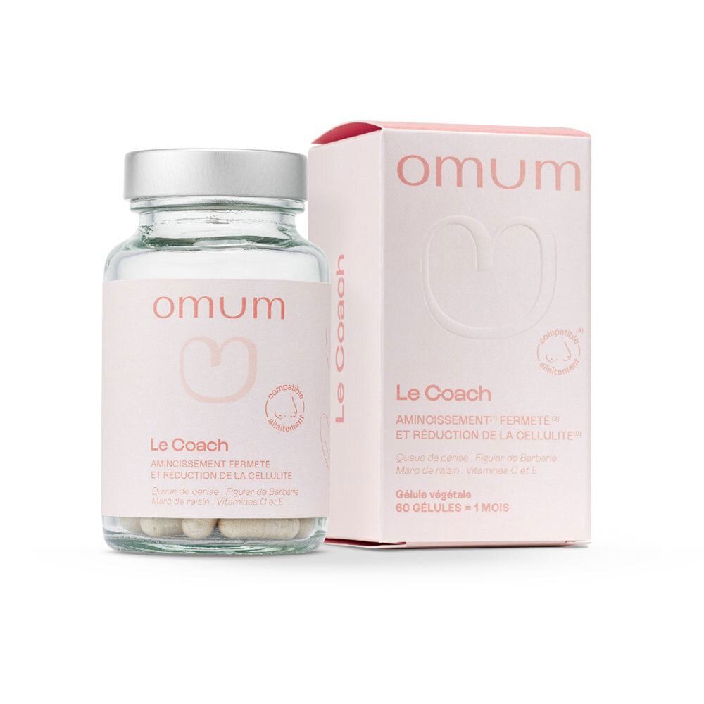 Emballage du produit avec flacon et boîte. Texte : Omum Le Coach. Gélules visibles.