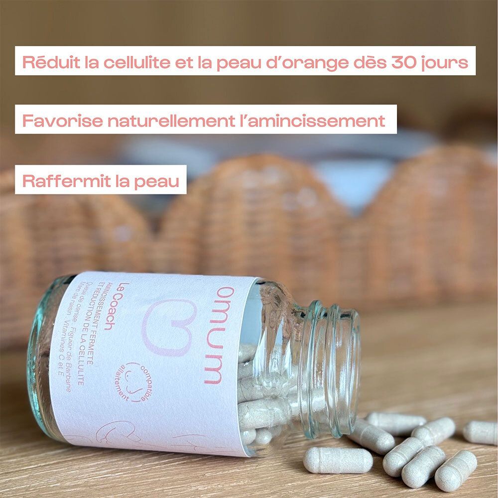 Flacon en verre avec gélules. Texte : Omum Le Coach. Gélules et texte sur l'étiquette.