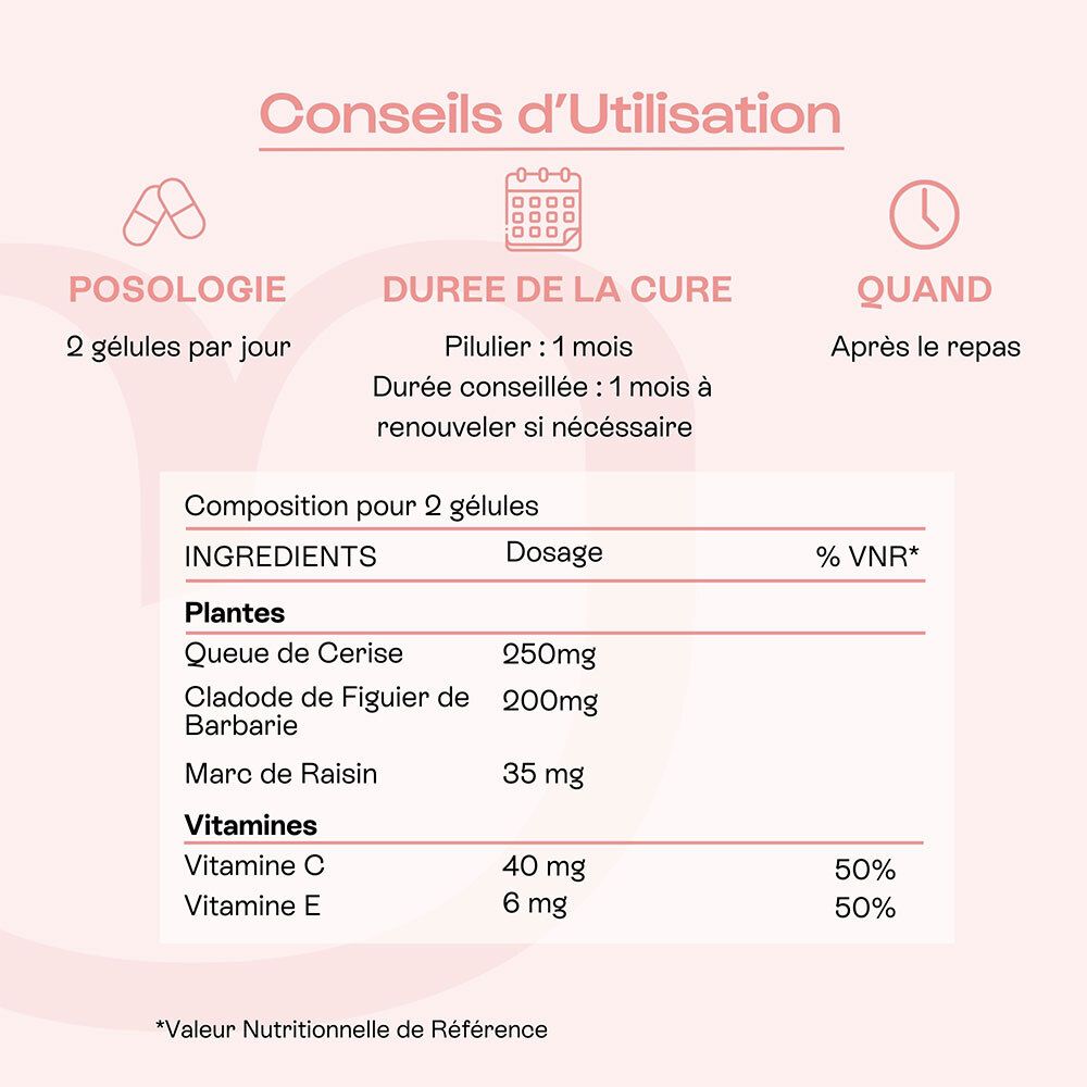 Flacon en verre avec gélules. Texte : Omum Le Coach. Diagramme avec ingrédients et posologie.